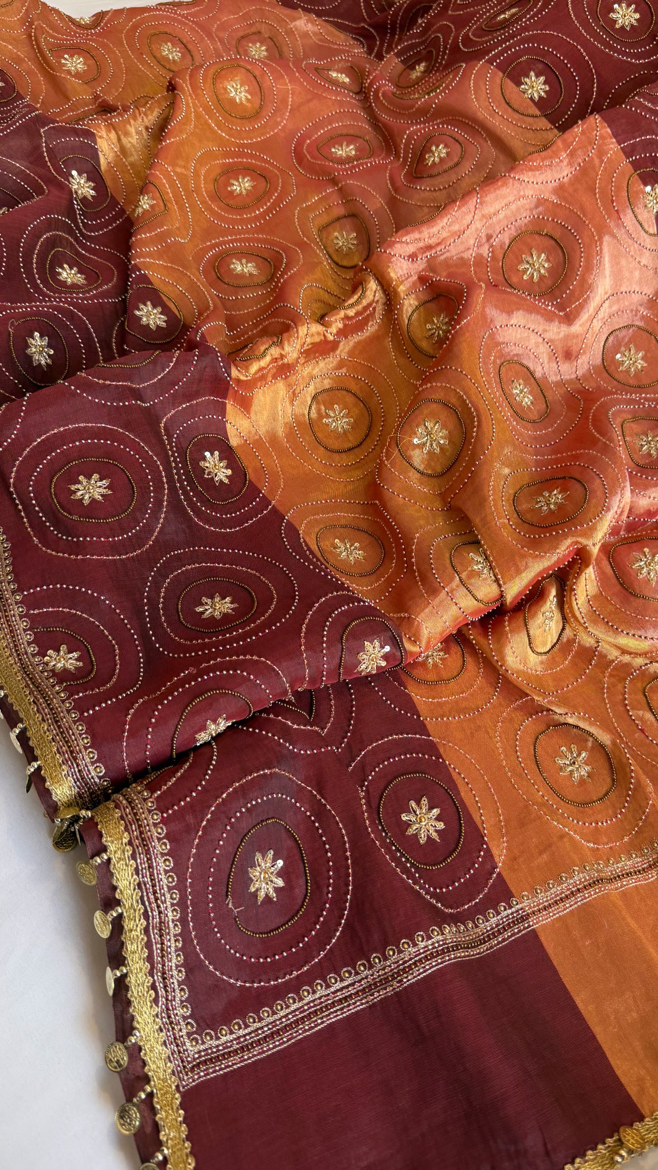 Multicolour double tissue silk heavy hand embroidered kadhwa jaal saree