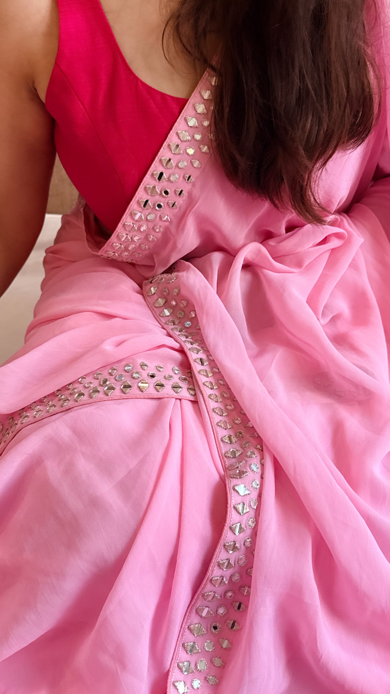 Mother’s Day offer - Candy pink chiffon gorgette mirrorwork hand embroidered sarees