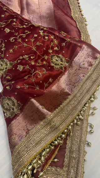 Trousseau edit - Reddish-brown husn tissue silk saree heavy hand embroidered saree