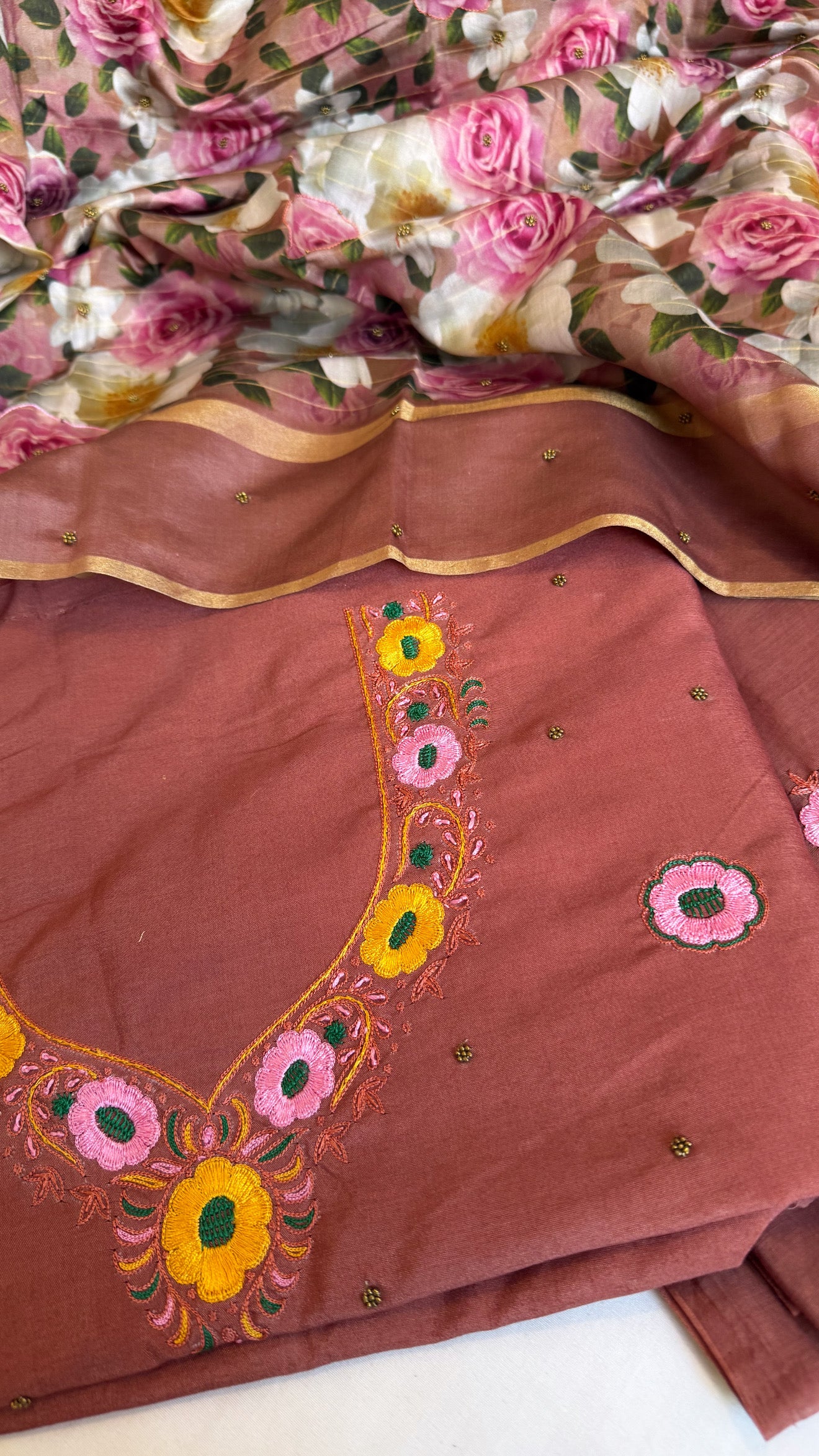 Brick peach resham hand embroidered mul cotton suit set