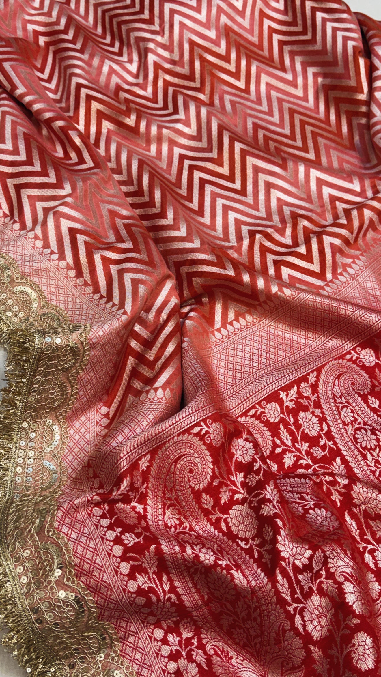 Rangkaat dye gajri red silver zari chevron weaving kadhwa moonga silk saree