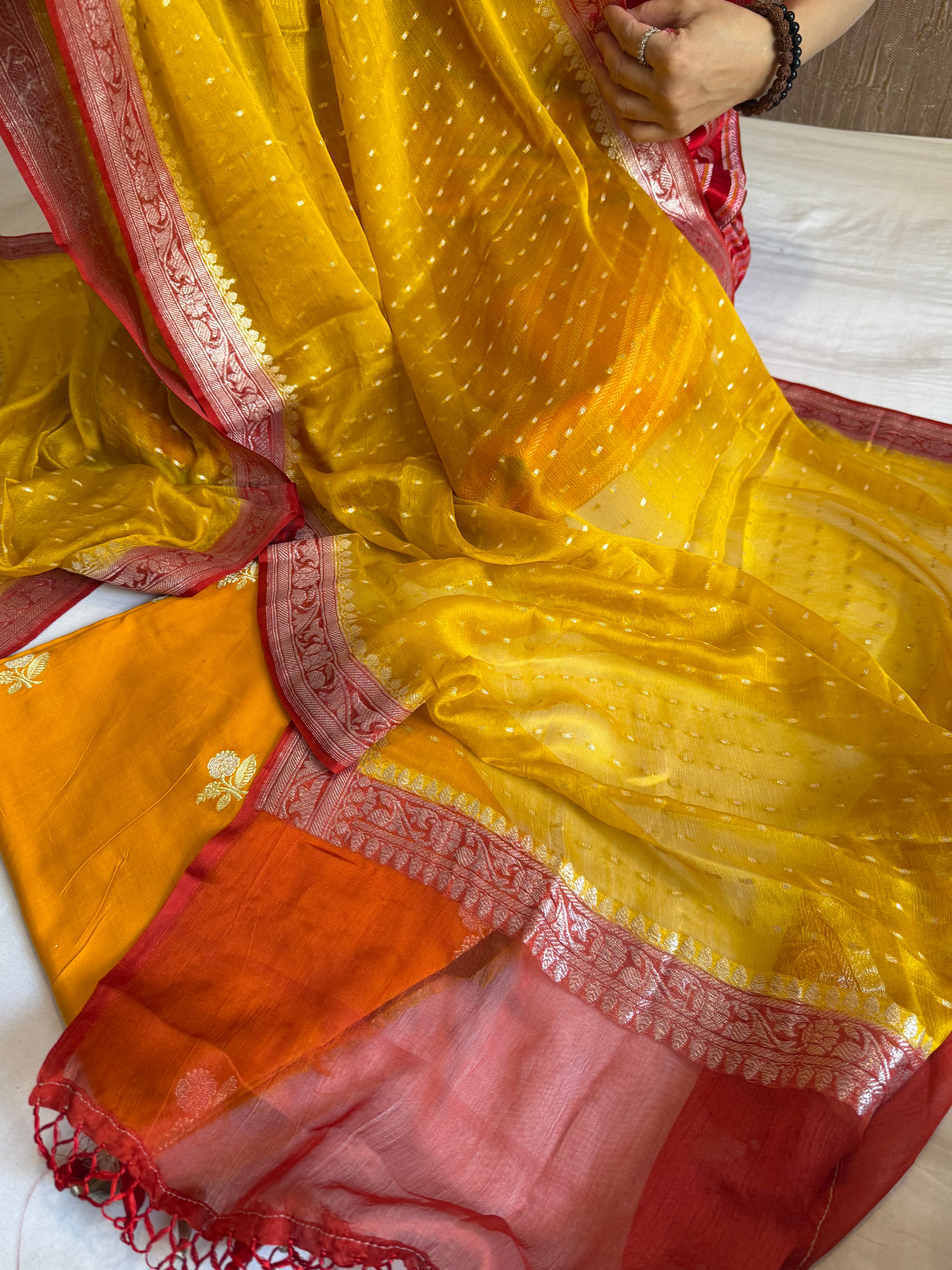 Haldi yellow-red katan kadhwa silk kurta paired with chiffon gorgette chap dye duppata set