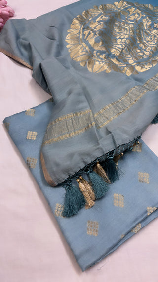 Pure Banarasi ice blue moonga silk kadhwa suit set paired with moonga silk shaded kadhwa duppata and bottom set