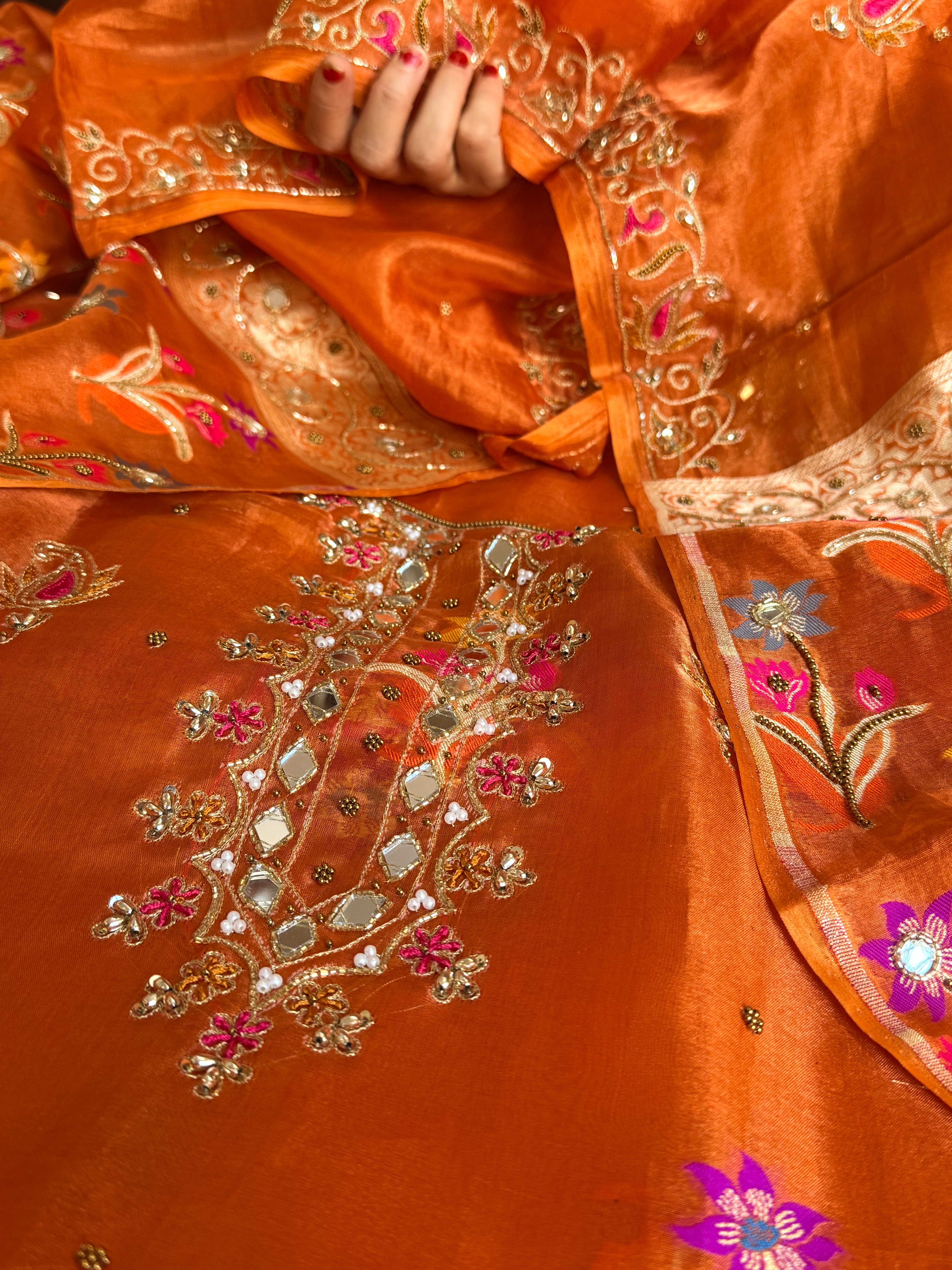 Banarasi tissue silk fanta orange tissue silk meenakari hand embroidered suit set