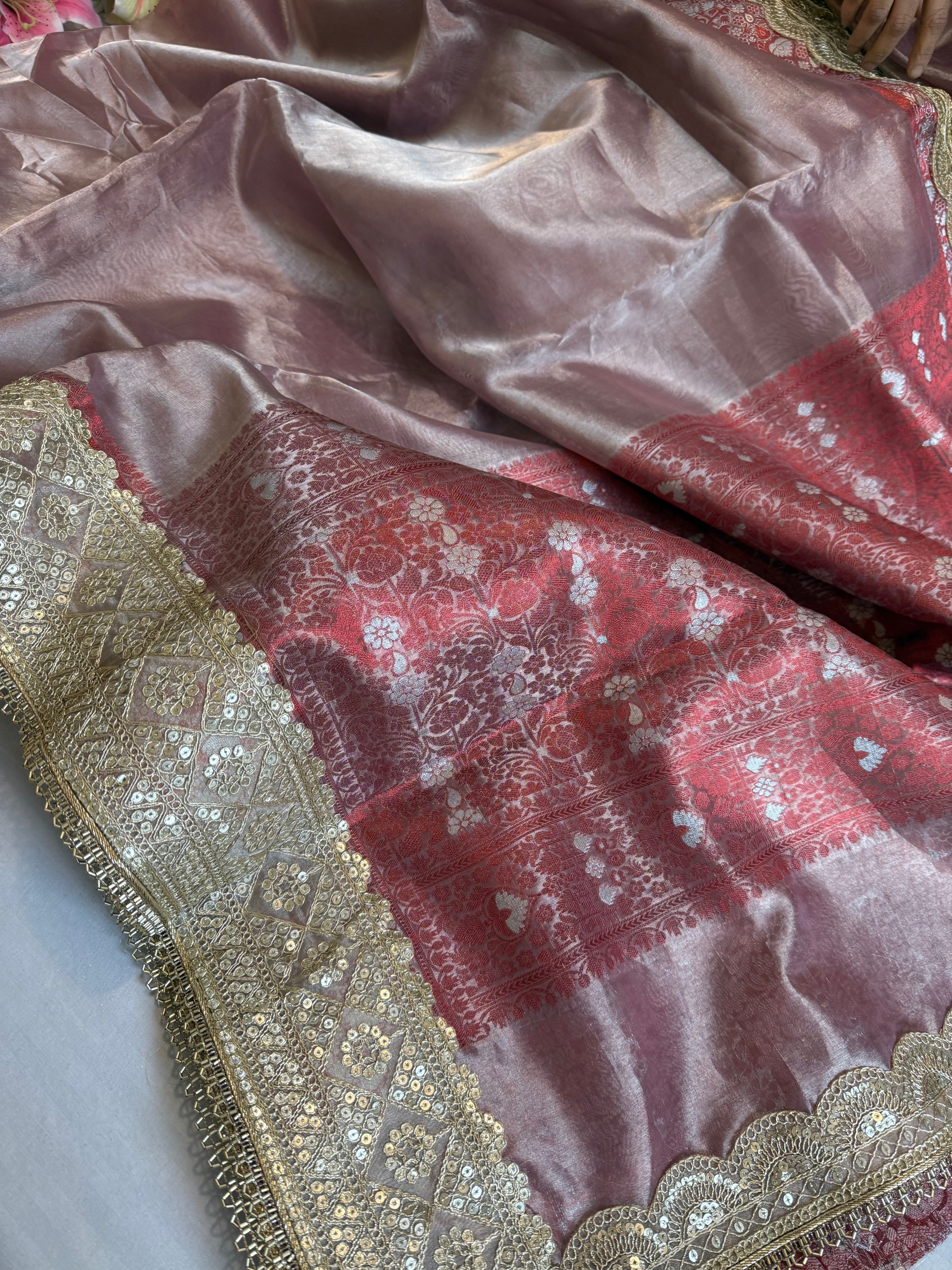 Maharani blush pink tissue silk meenakari kadhwa saree