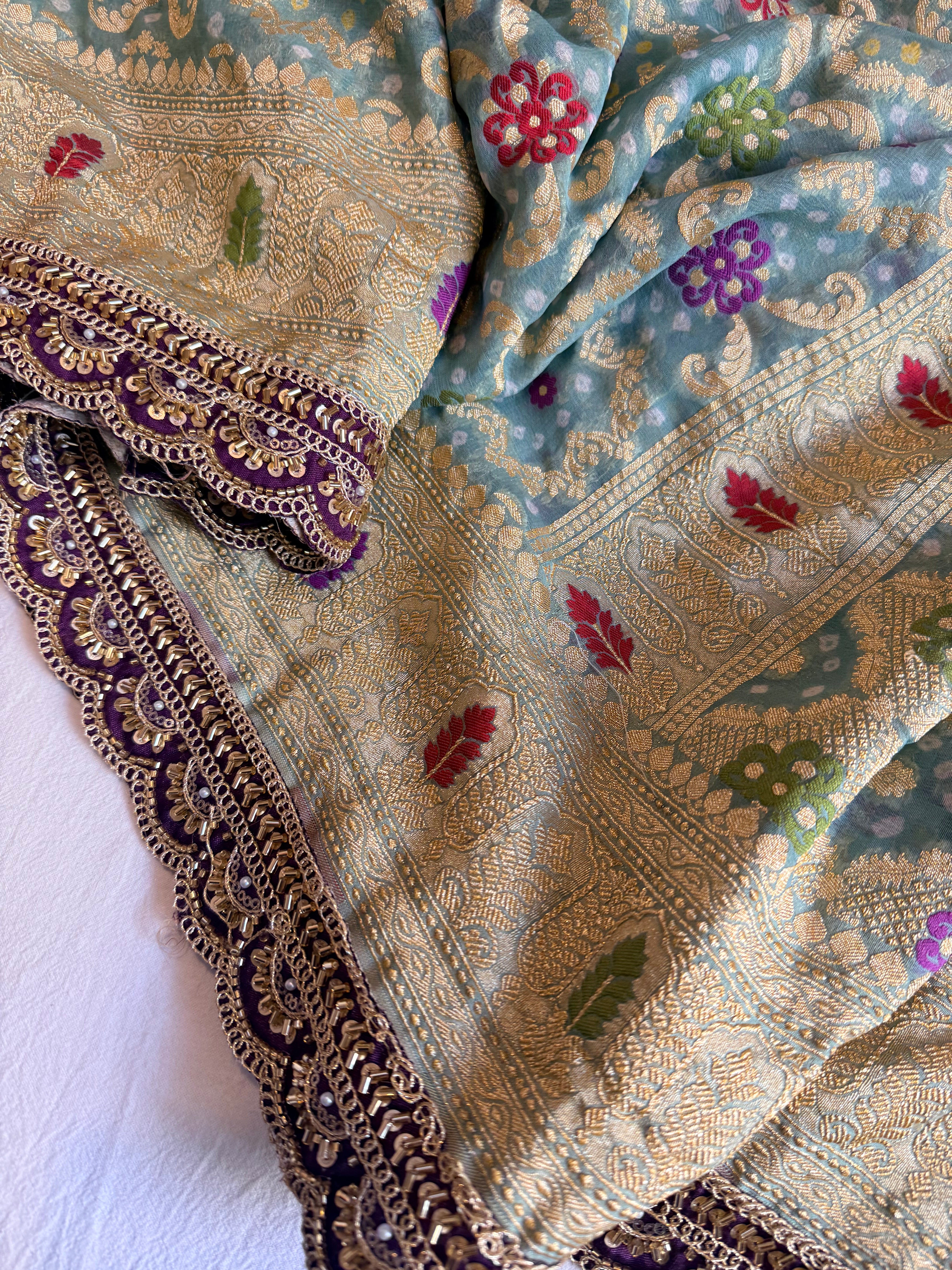Banarasi blush shades of chiffon rai bandhej mirror work gotapatti saree