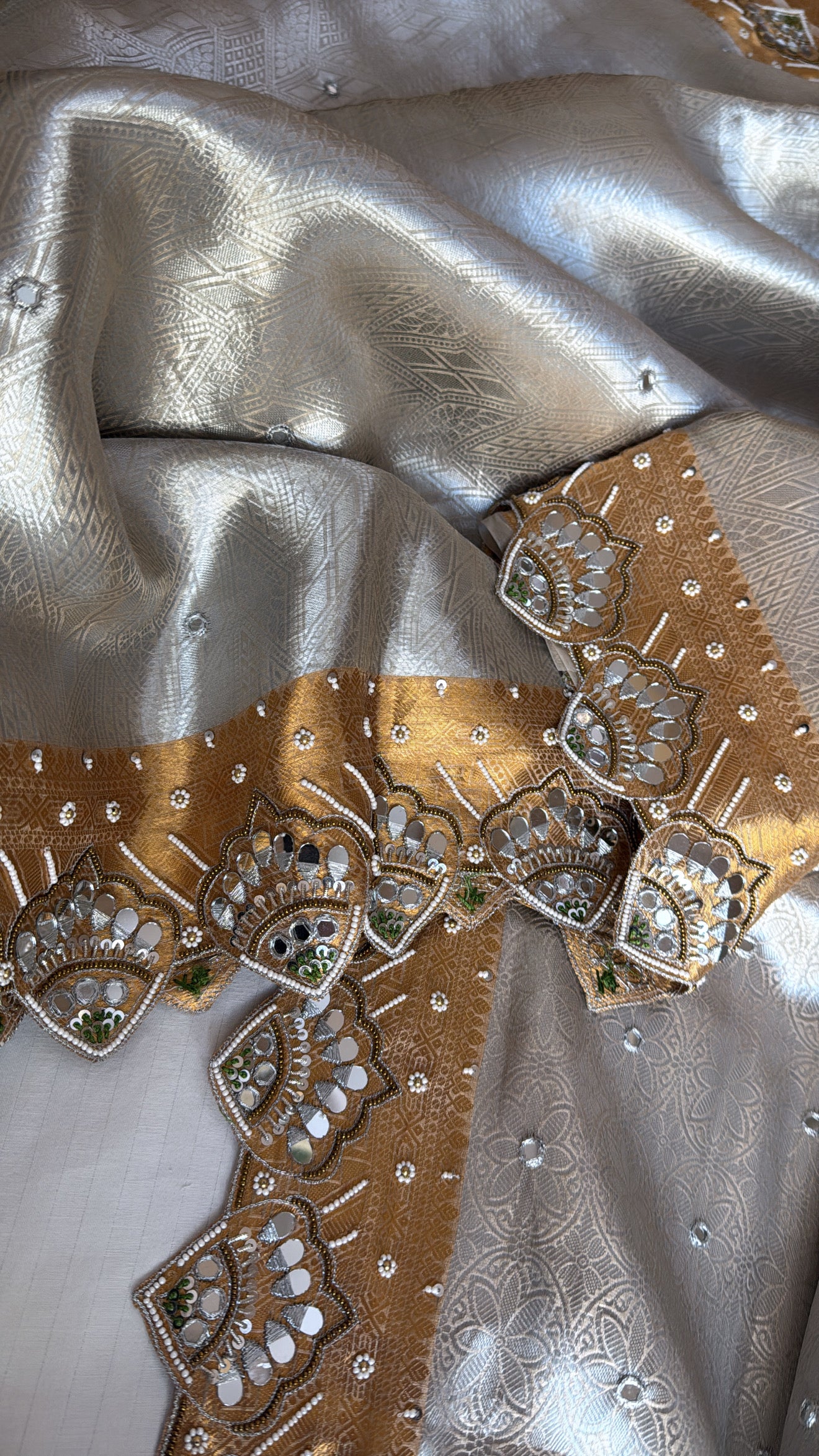 Kanjivaram inspired banarasi tissue silk sona rupa weaving zardozi and mirror work hand embroidered saree