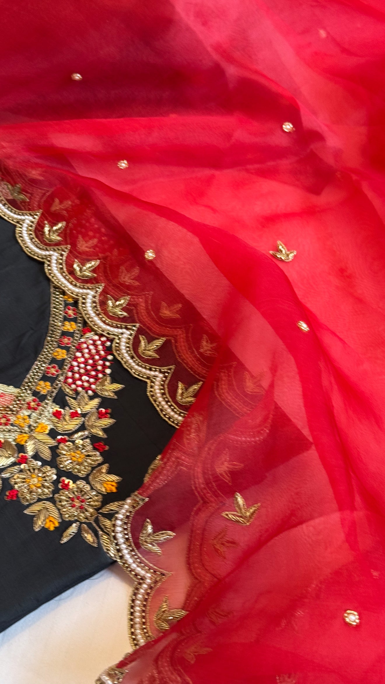 Blood red - black shade katan silk hand embroidered kurta paired with kora silk zardozi duppata