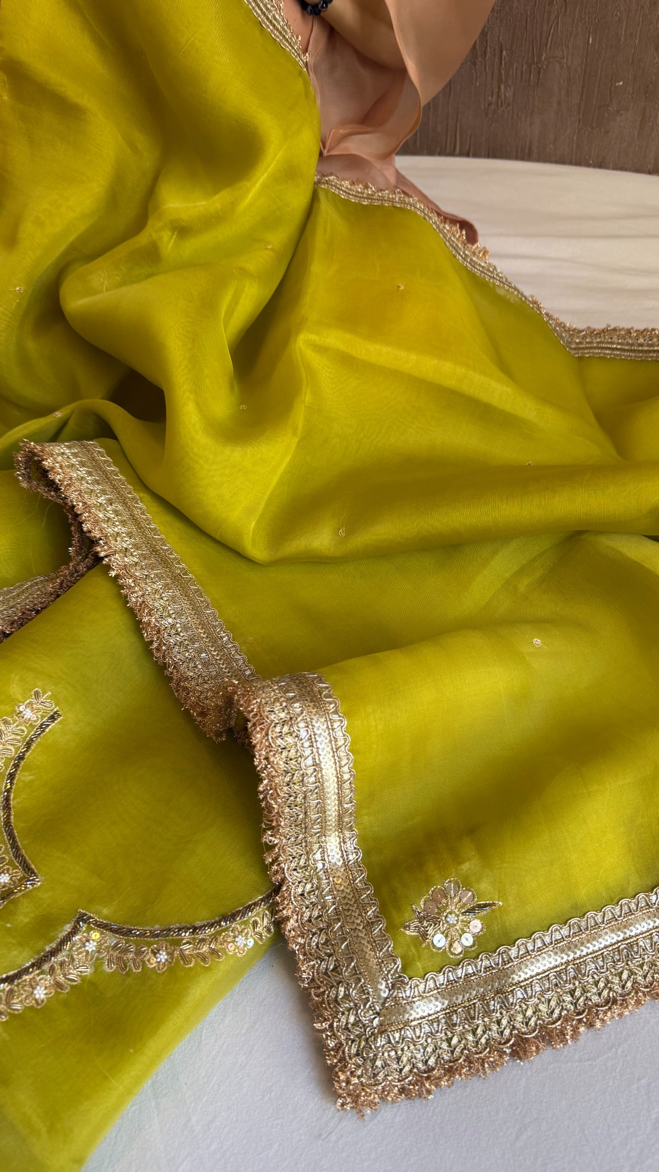 Aari and tilli kora silk hand embroidered mehendi green kadhwa suit set
