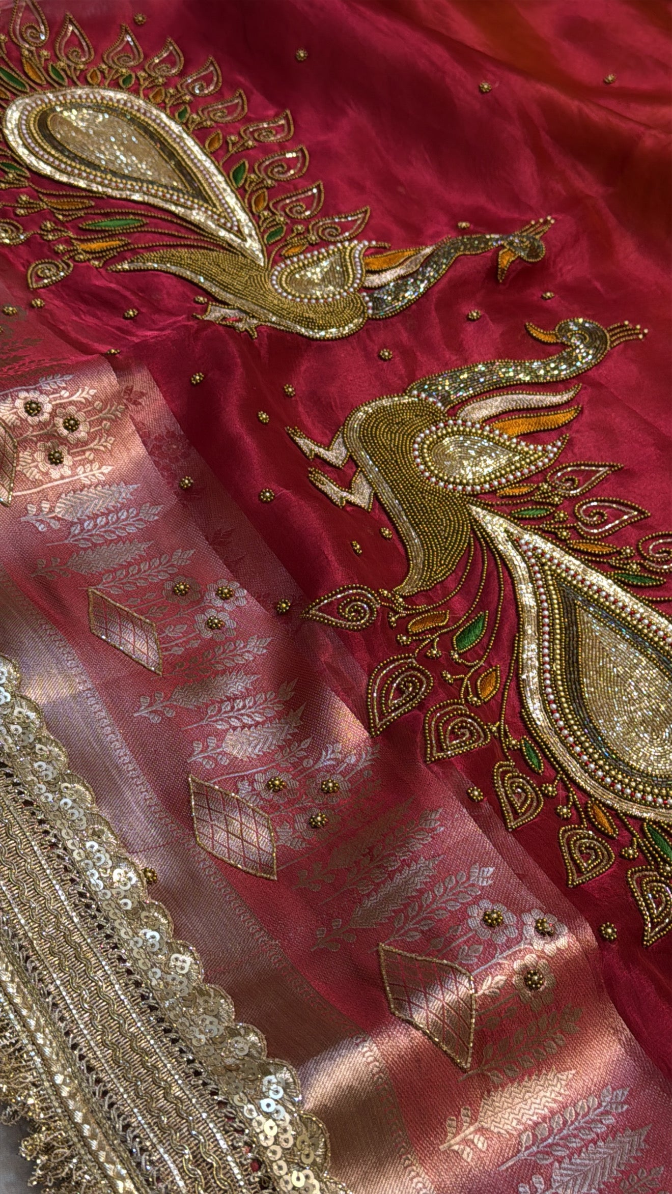 Dulhan ka joda pinkish red husn tissue silk hand embroidered kadhwa saree
