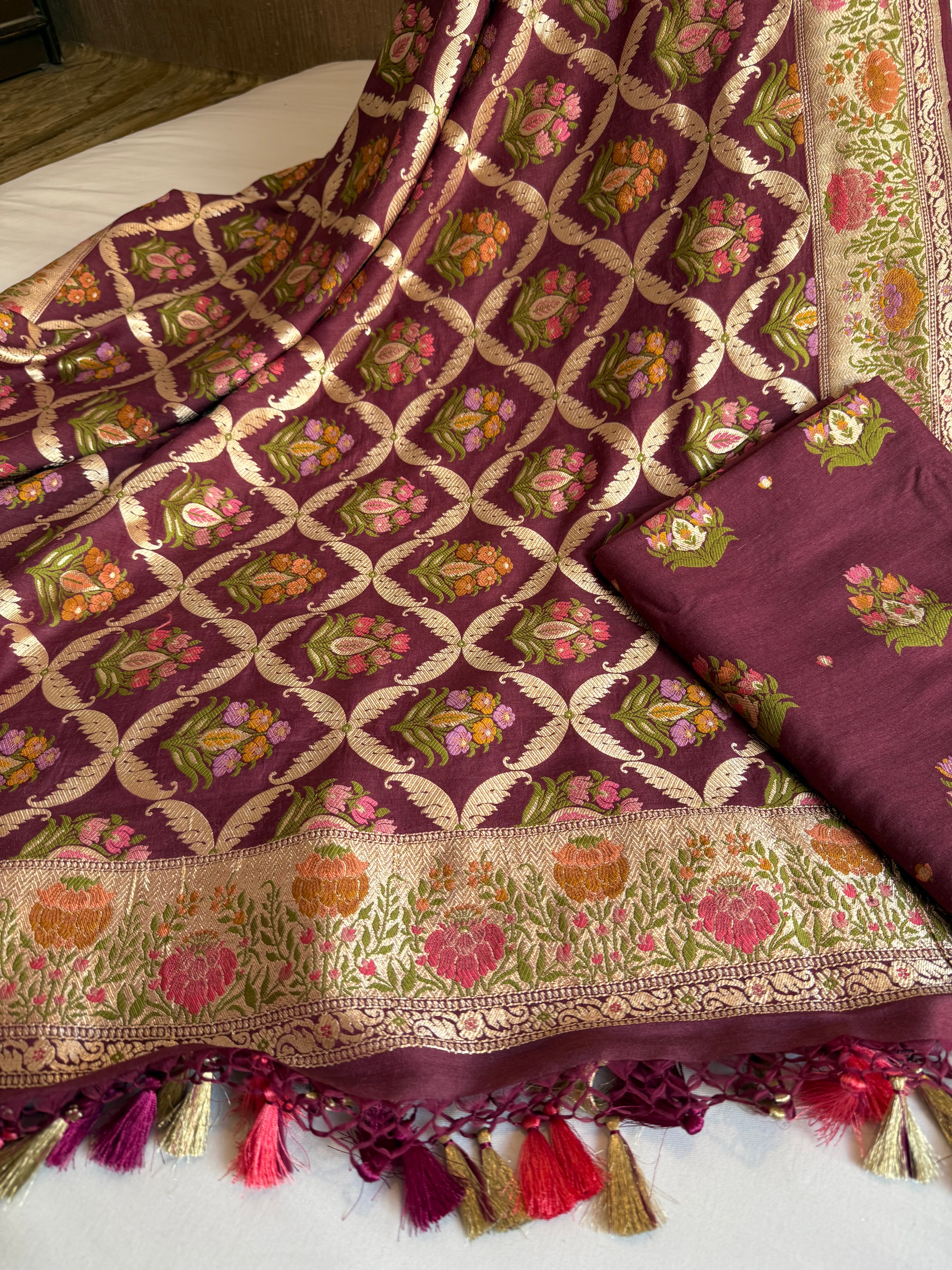 Deep purple moonga silk heavy meenakari kadhwa buti suit set