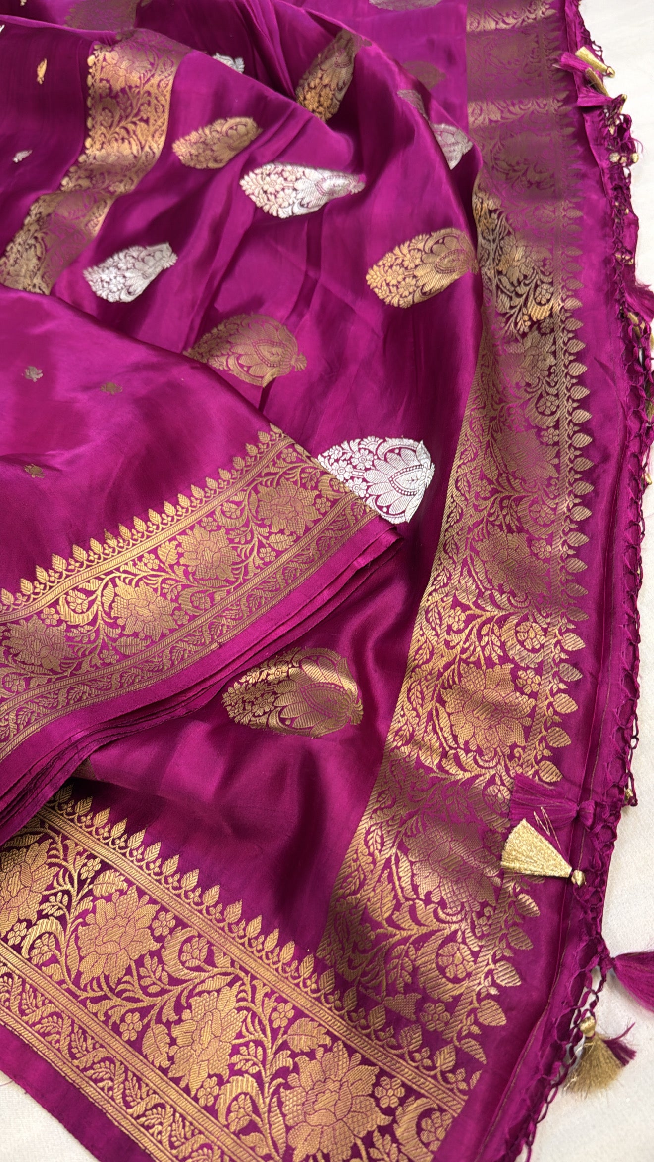 Mashru satin silk rani pink banarasi saree