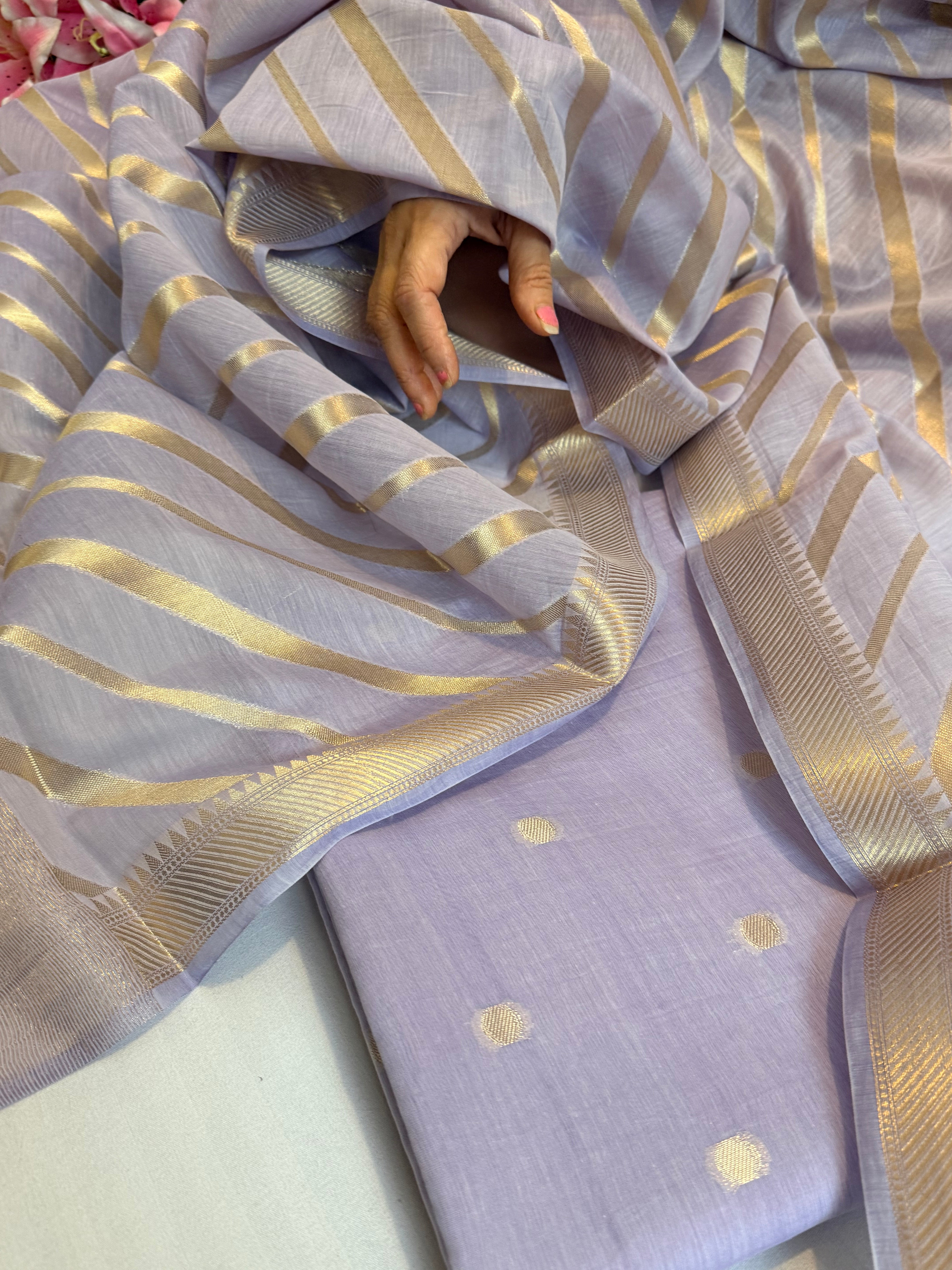 BELOW 8K - Lilac zari cotton striped kadhwa buti banarasi suit set