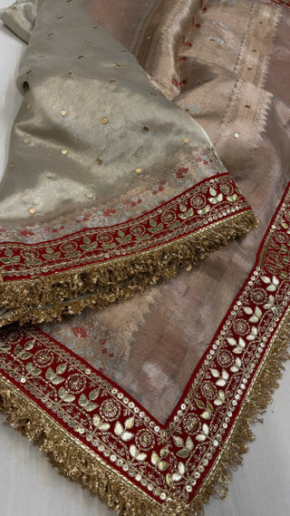 Diamond tissue silk chunri buti hand embroidered panetar saree
