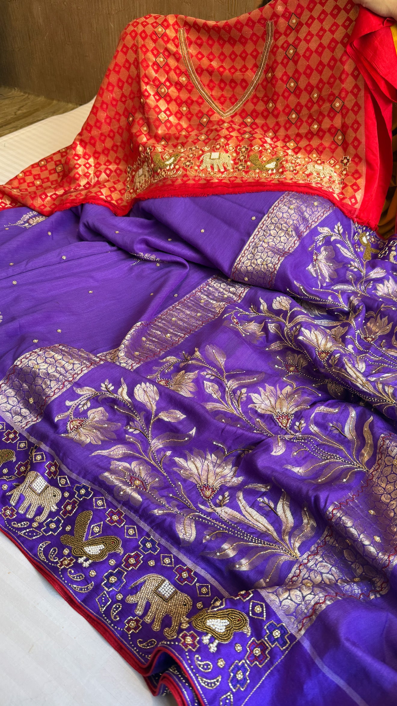 Moonga silk ikkat patola weaving inspired hand embroidered kadhwa saree