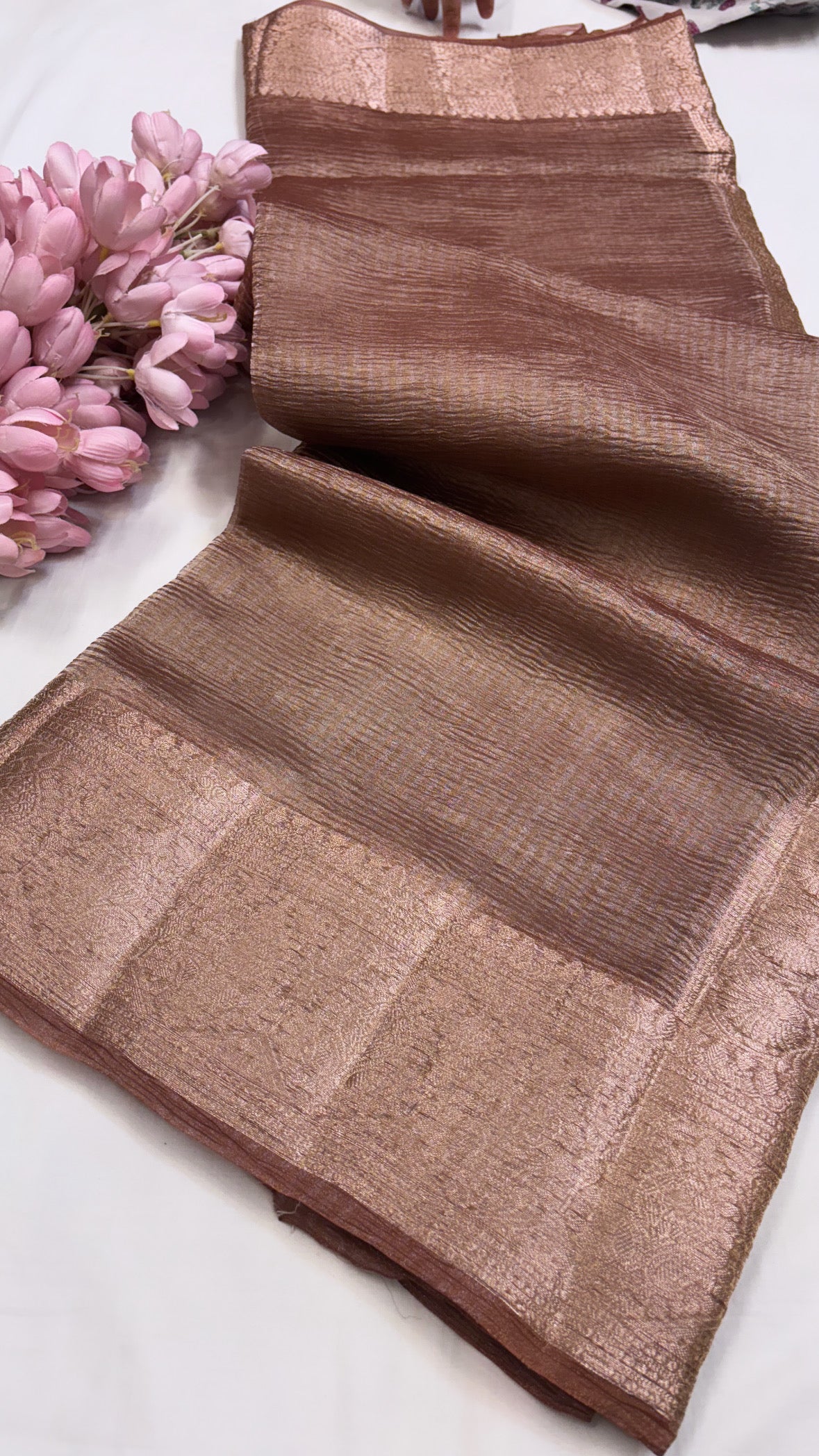 Pure banarasi english brown crushed tissue silk handwoven kadhwa saree with intricate border and kadhwa blouse
