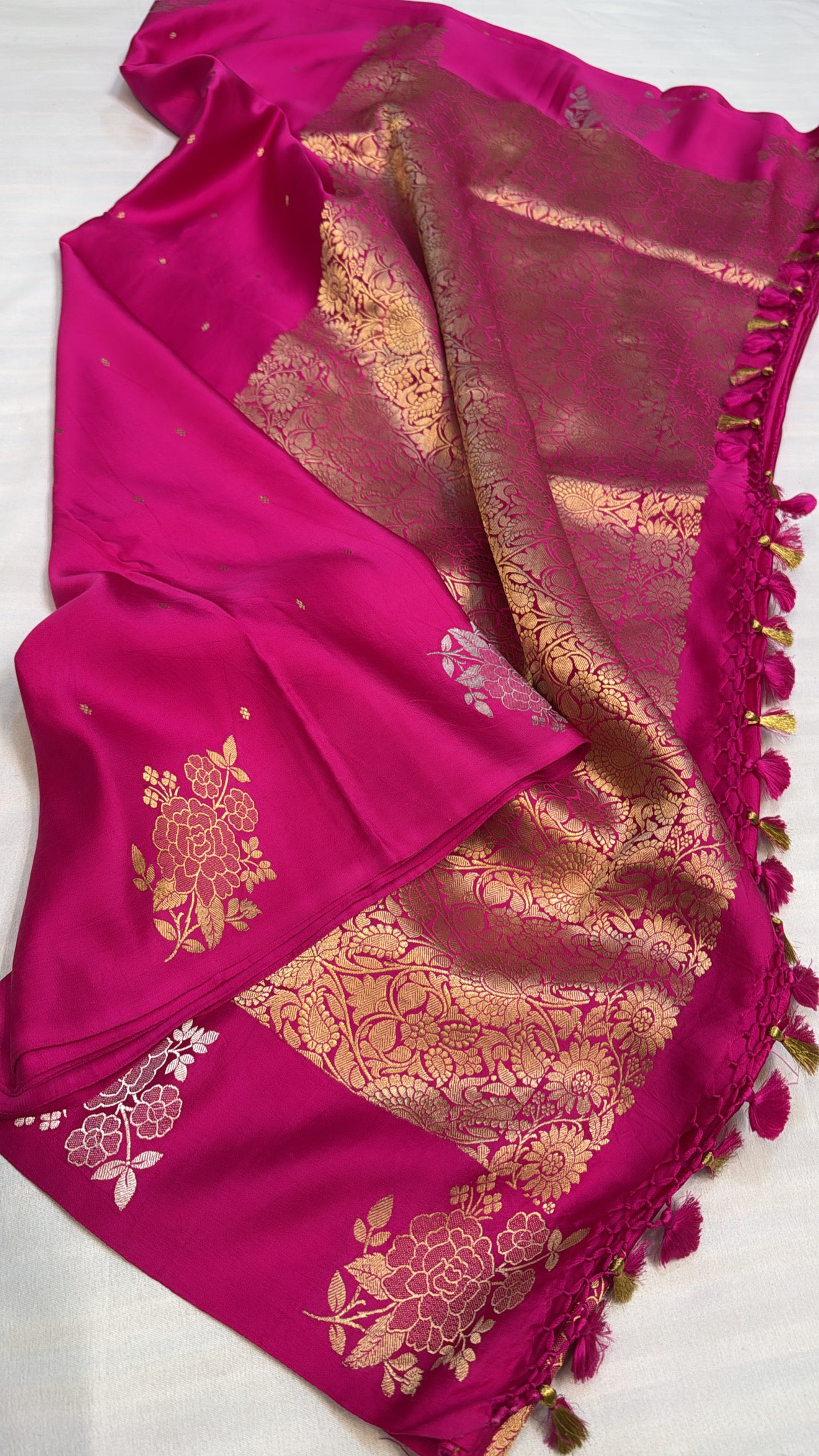 Mashru satin silk fuchsia pink banarasi saree