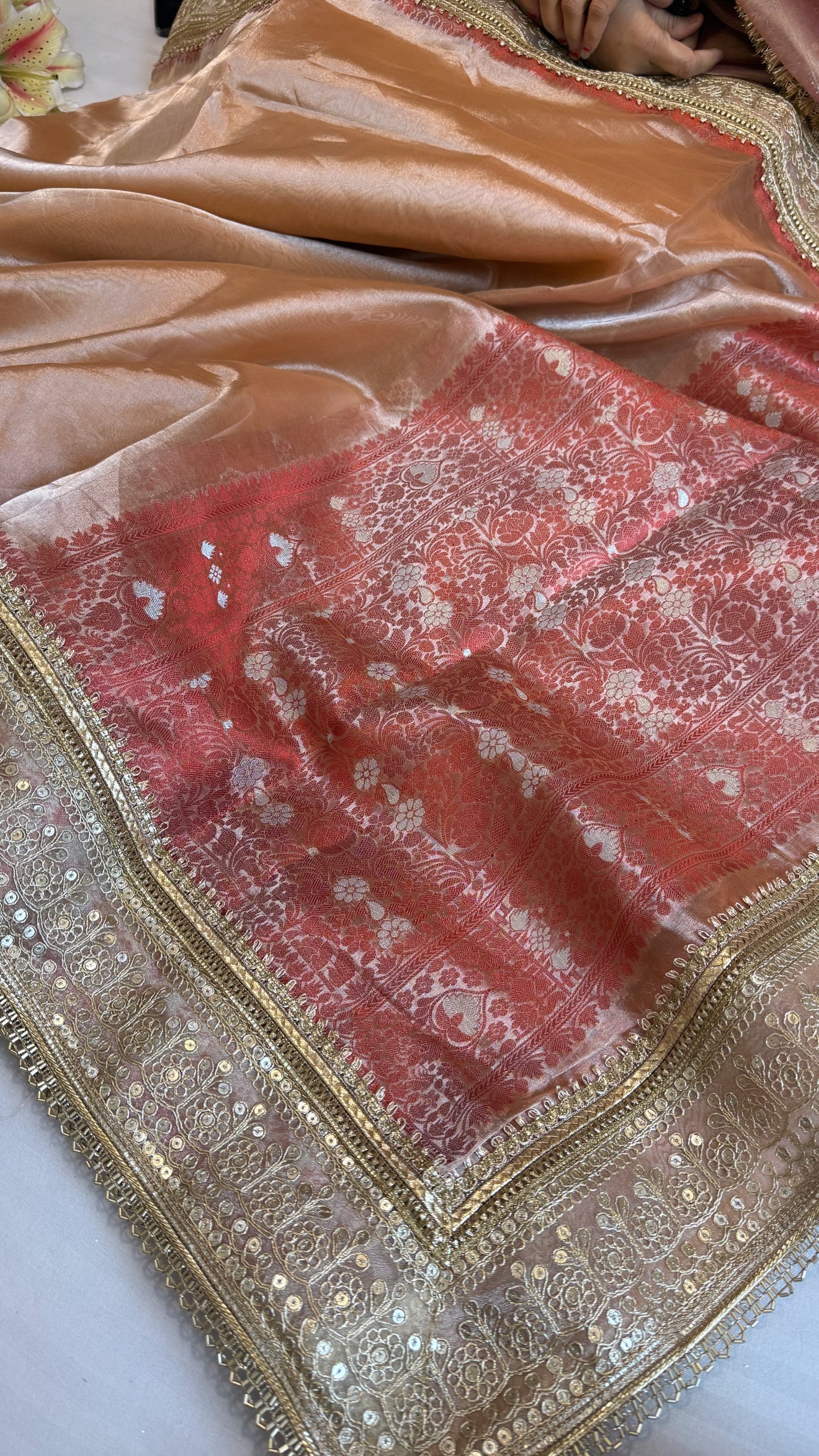 Maharani fanta orange tissue silk kadhwa gotapatti saree