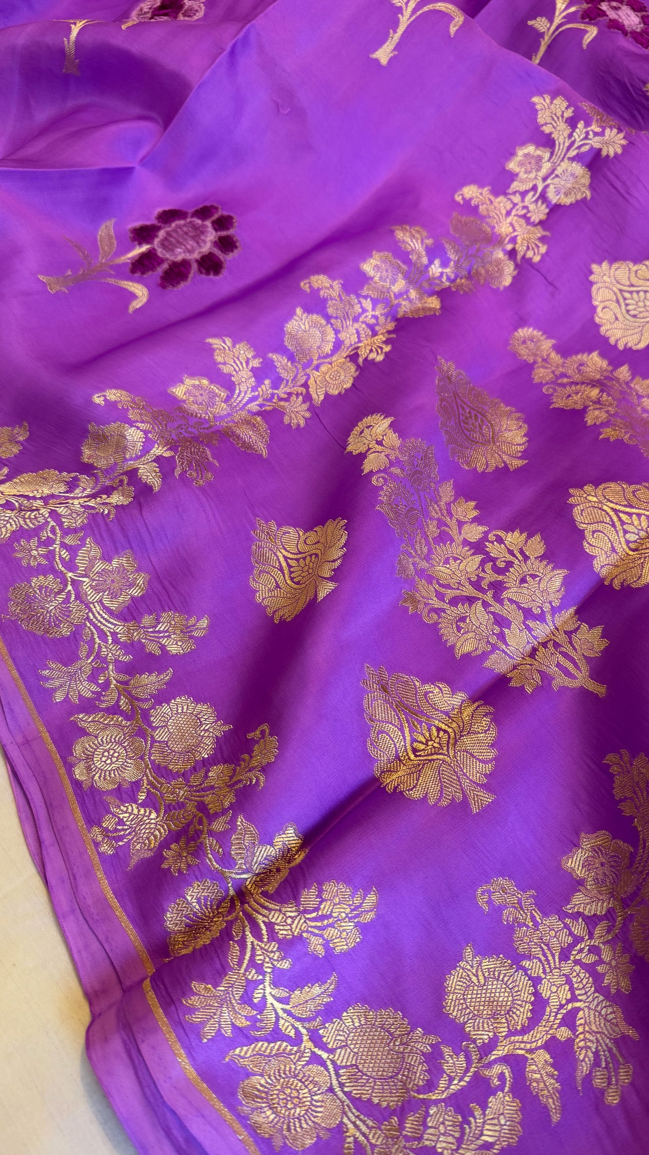 Bright violet banarasi mashru silk velvet buti kadhwa weaving saree