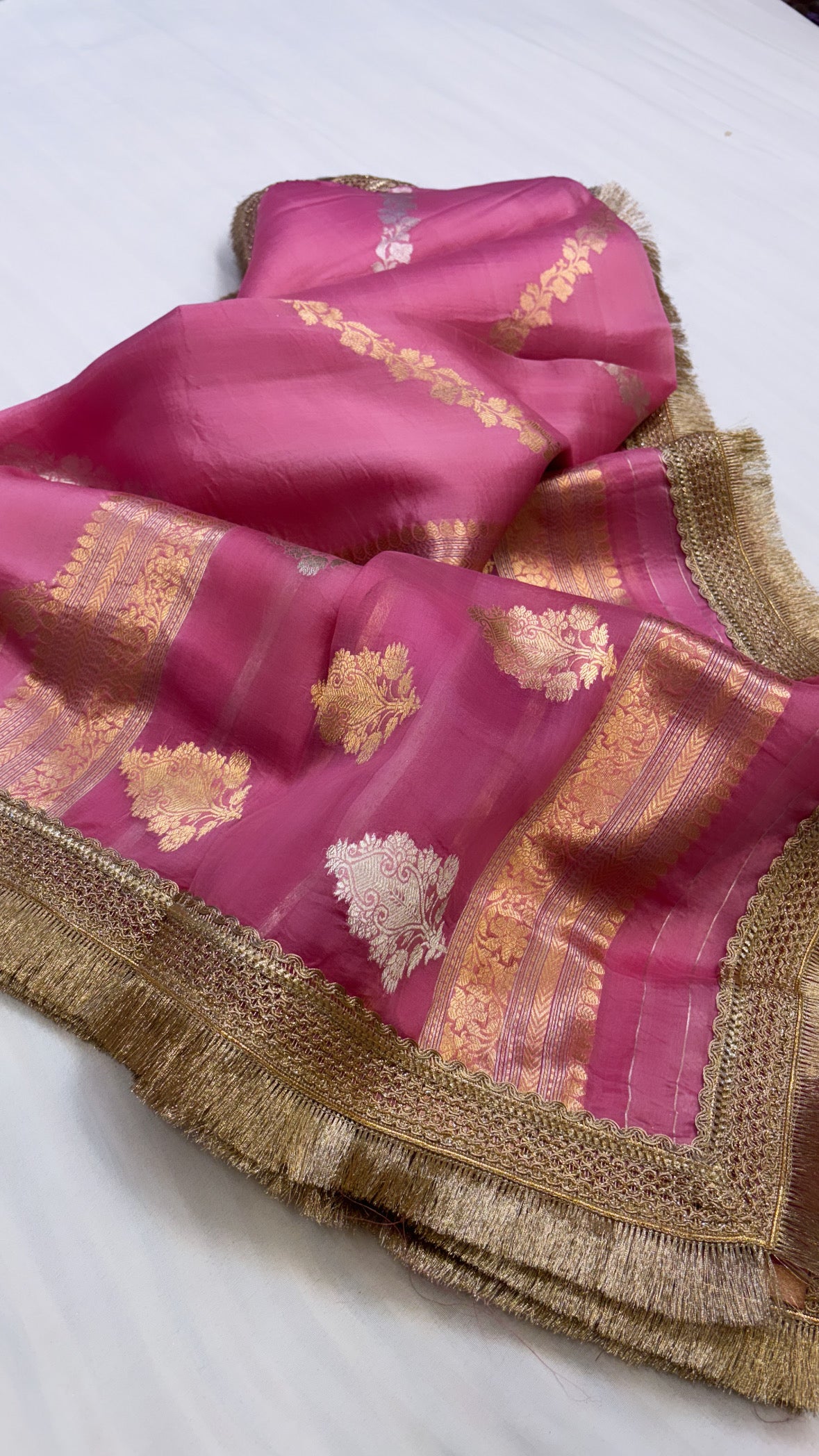 Lotus pink shade leela kora silk jungla saree