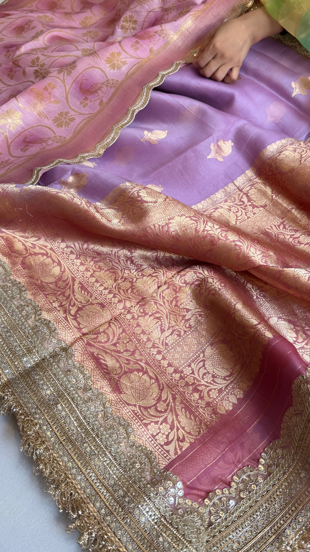 Kora silk chap dye contrast border saree paired with moonga silk duppata set