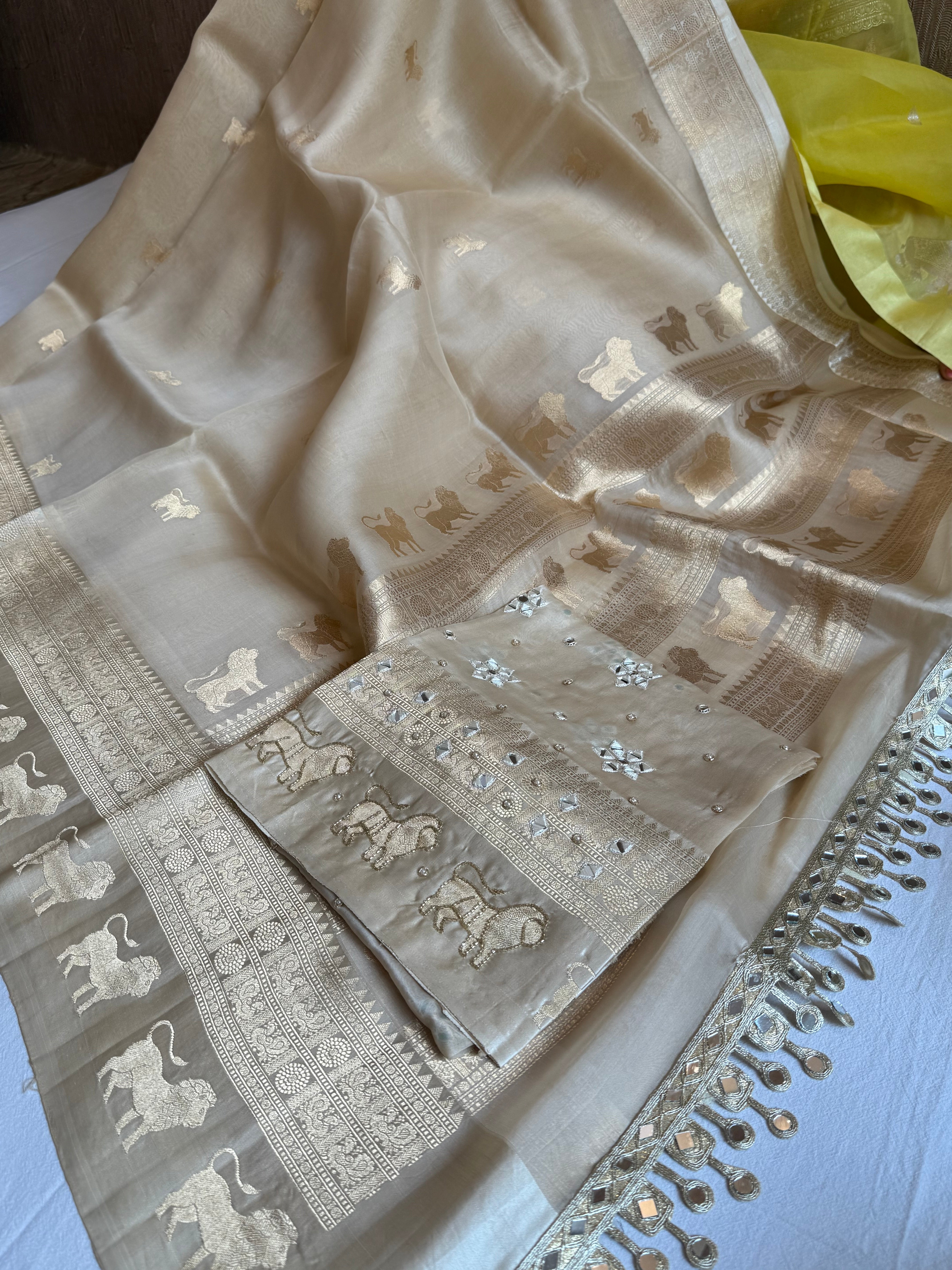 Champagne gold kora silk hand embroidered kadhwa saree