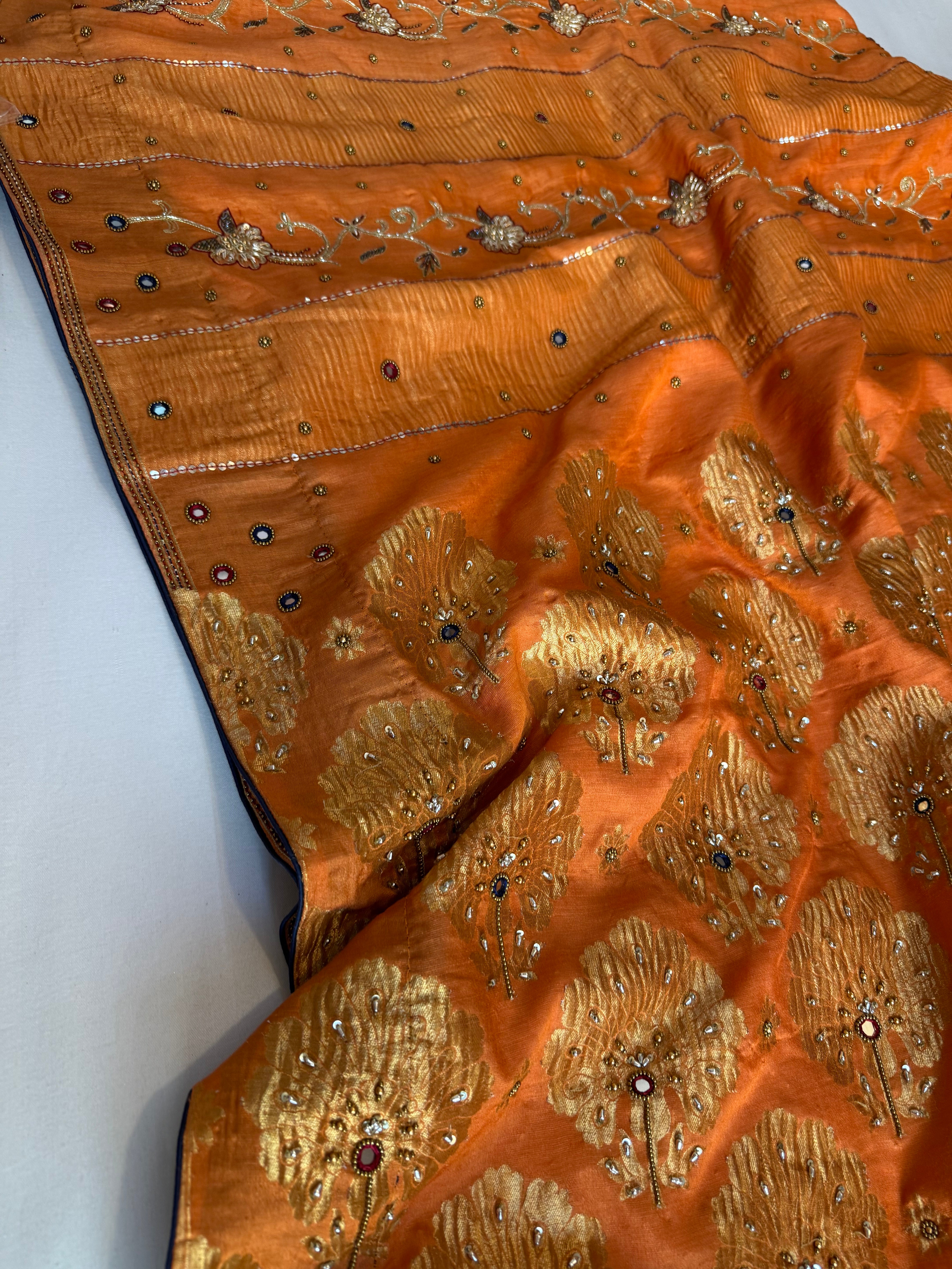 Mastani edit - Fanta orange moonga silk hand embroidered kadhwa saree