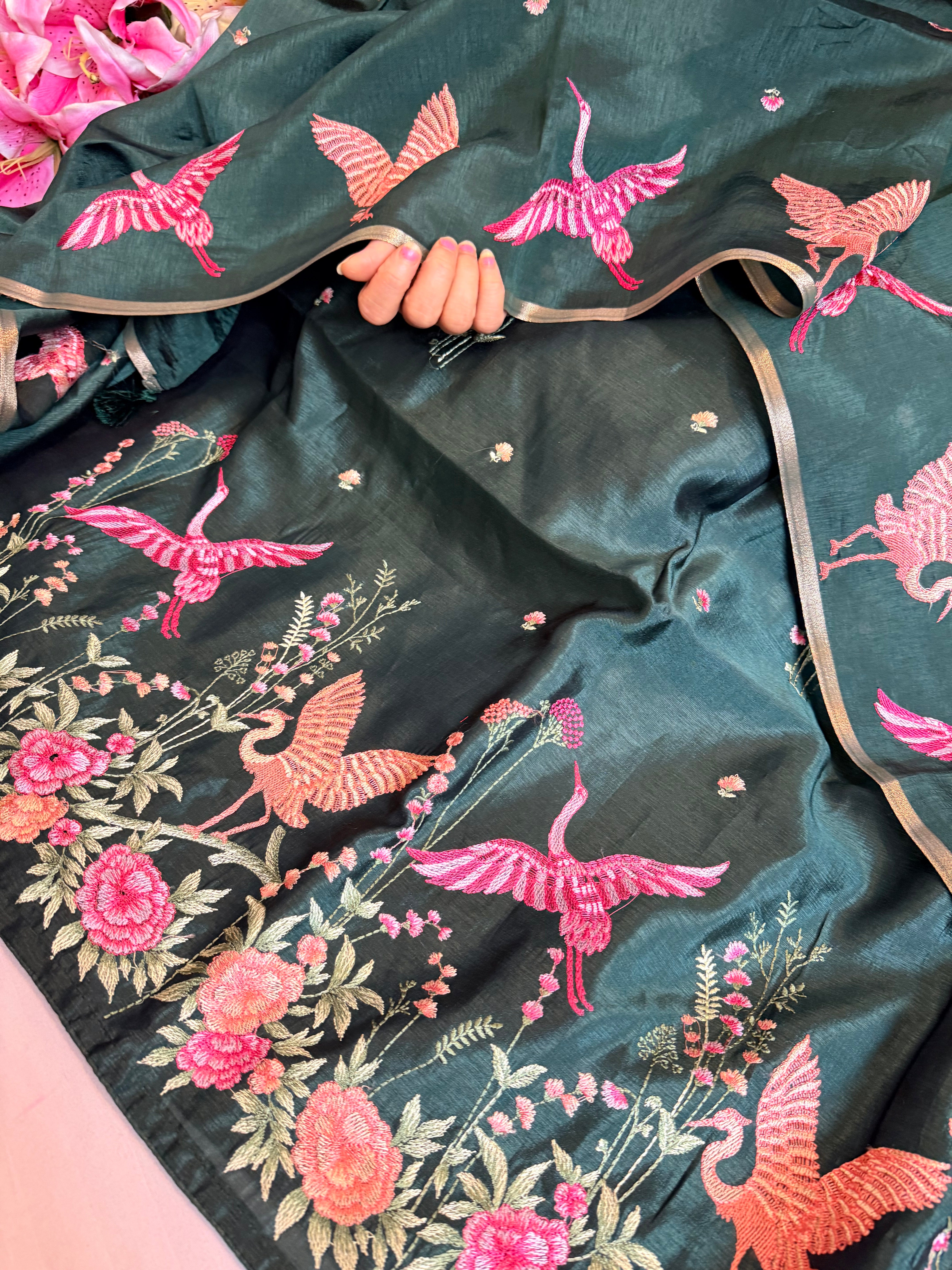 BELOW 8K - Parsi gara bottle green resham work banarasi chiniya silk kadhwa suit sets