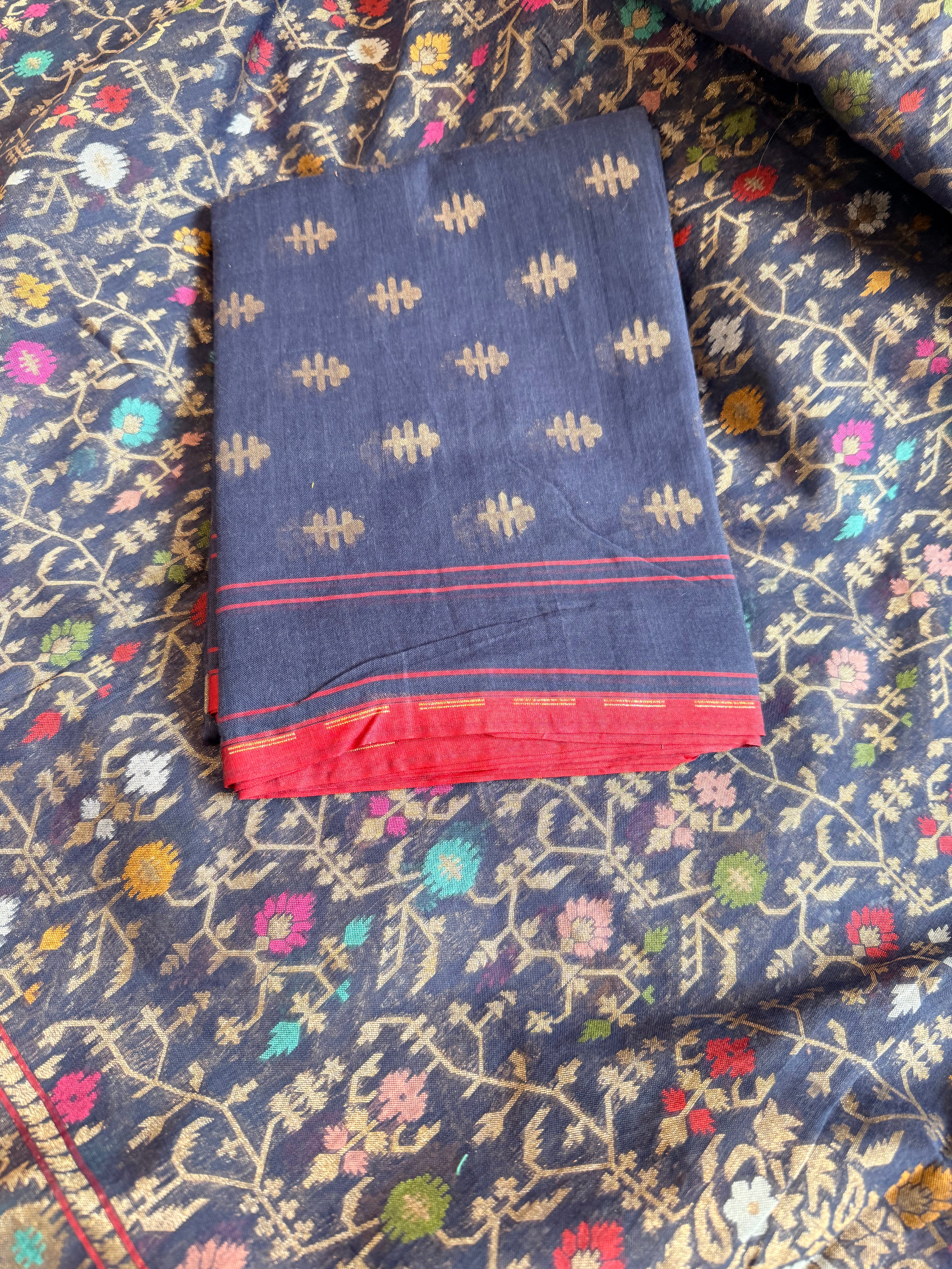 Banarasi iktara jamdani navy blue sona rupa kadhwa suit set