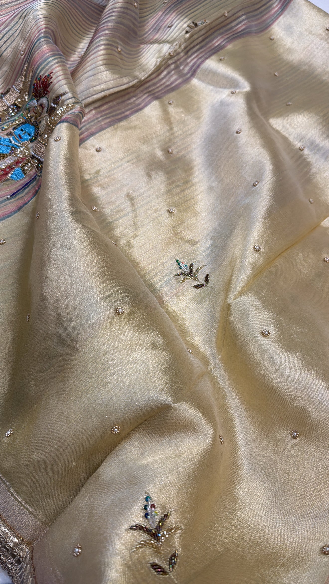 Rasleela tissue silk striped husn hand embroidered kadhwa saree