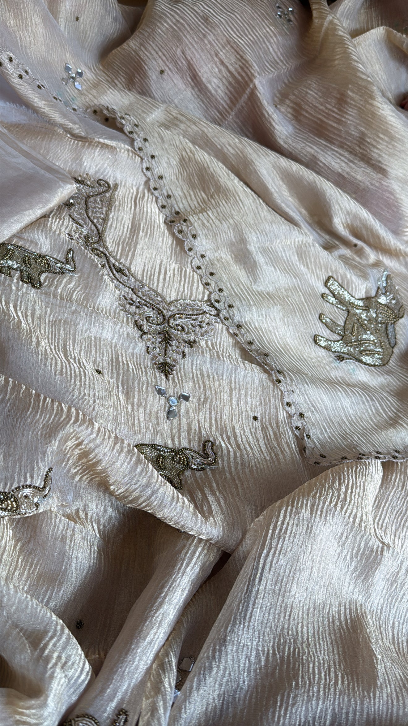 Soft golden crushed tissue silk hand embroidered heeramandi kadhwa suit set