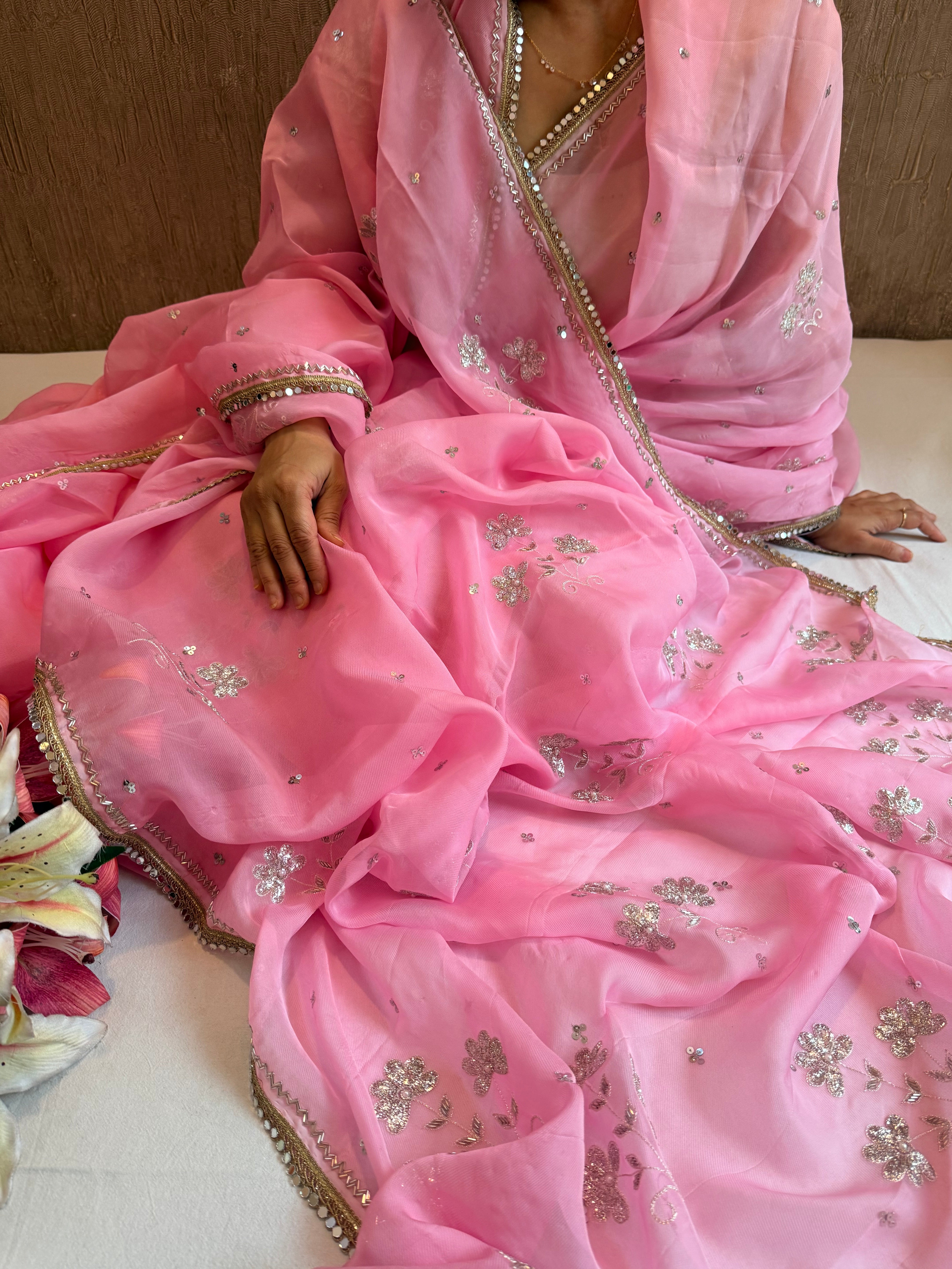 Gulab kamal chiffon kora pittawork kadhwa hand embroidered saree