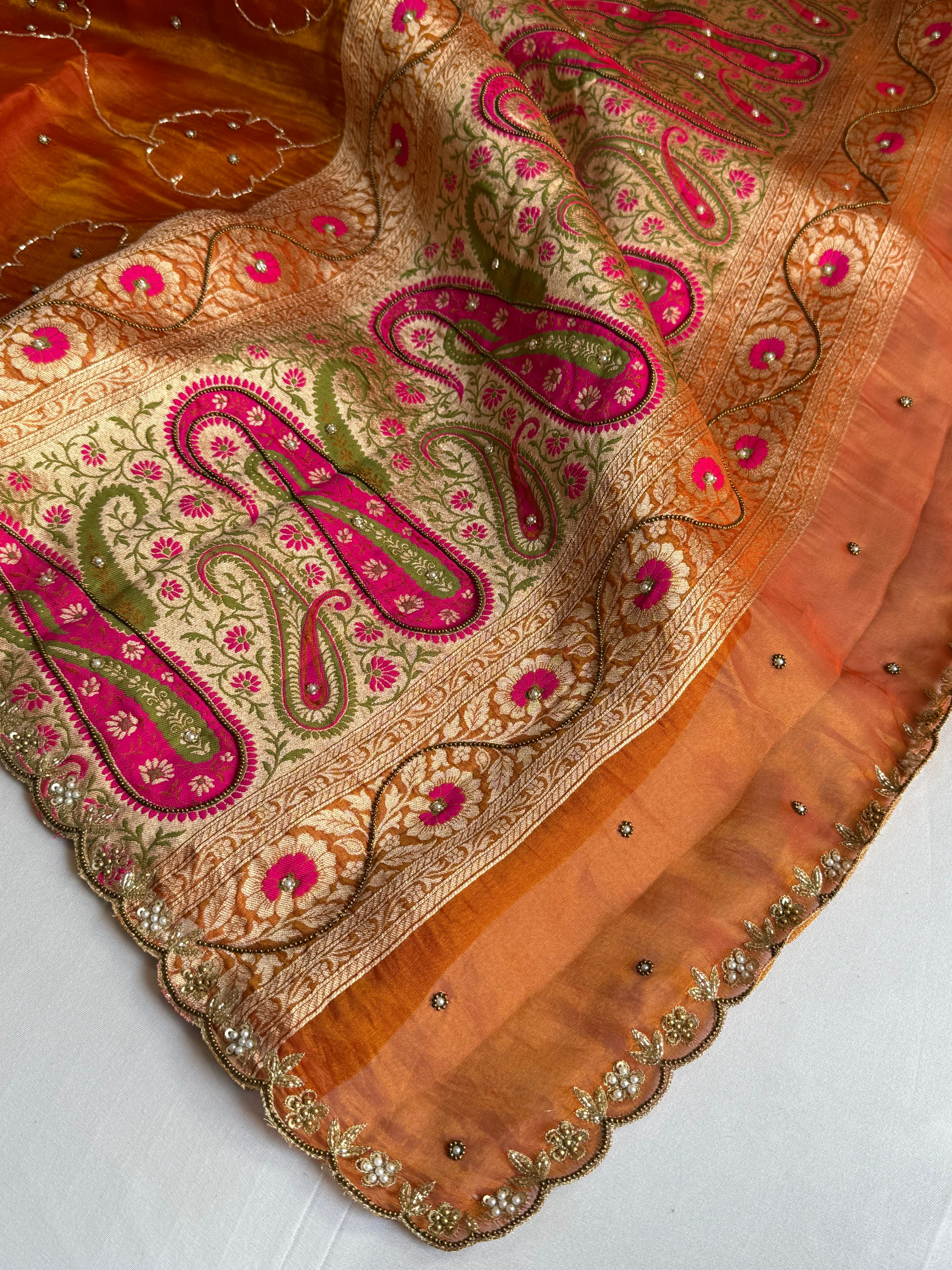 Fanta orange tissue tanchoi meenakari jamevar pallu hand embroidered saree