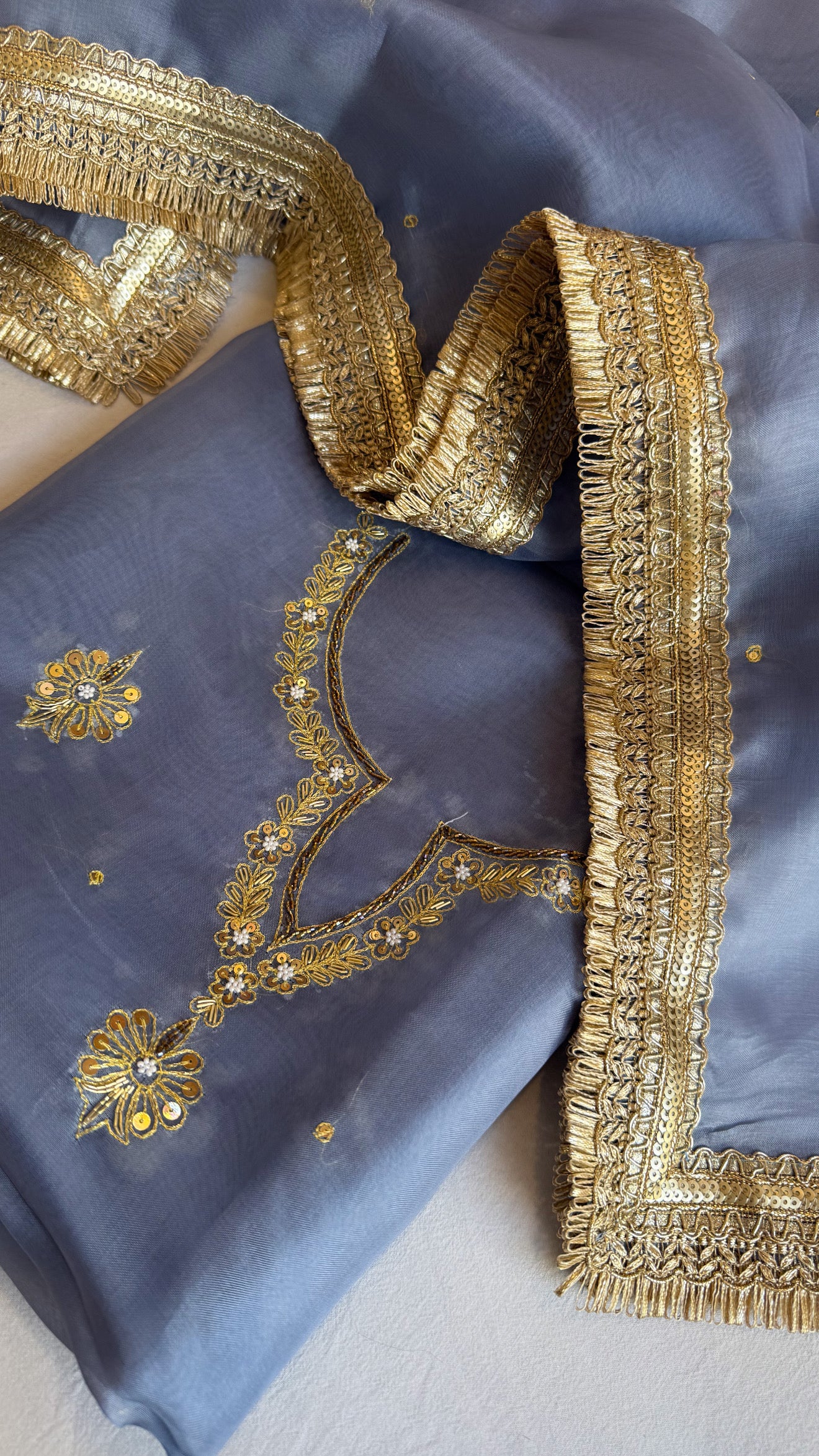 Aari and tilli hand embroidered kora silk marine blue kadhwa suit set