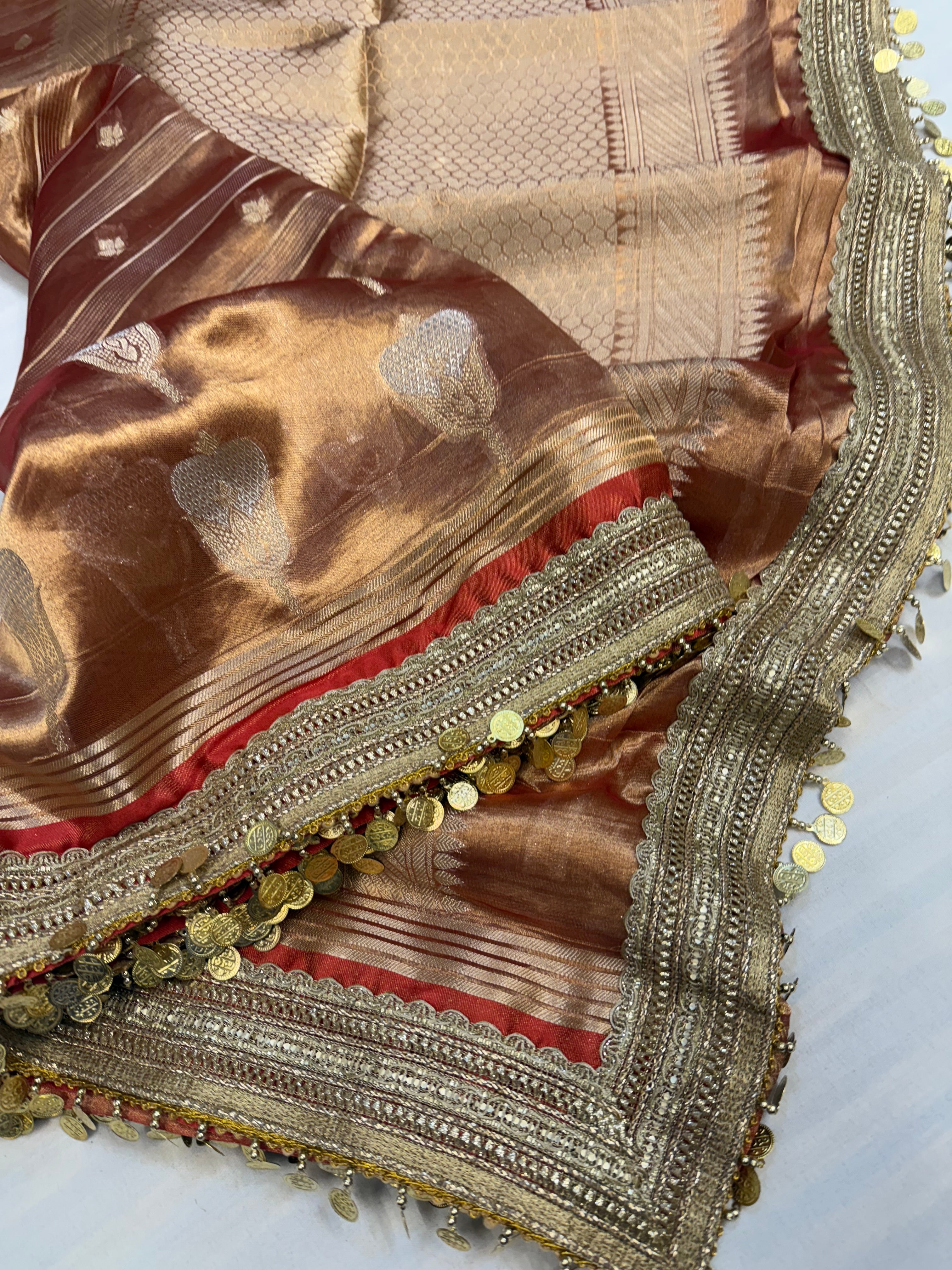 Rustic red maharani tissue silk kadhwa buti saree