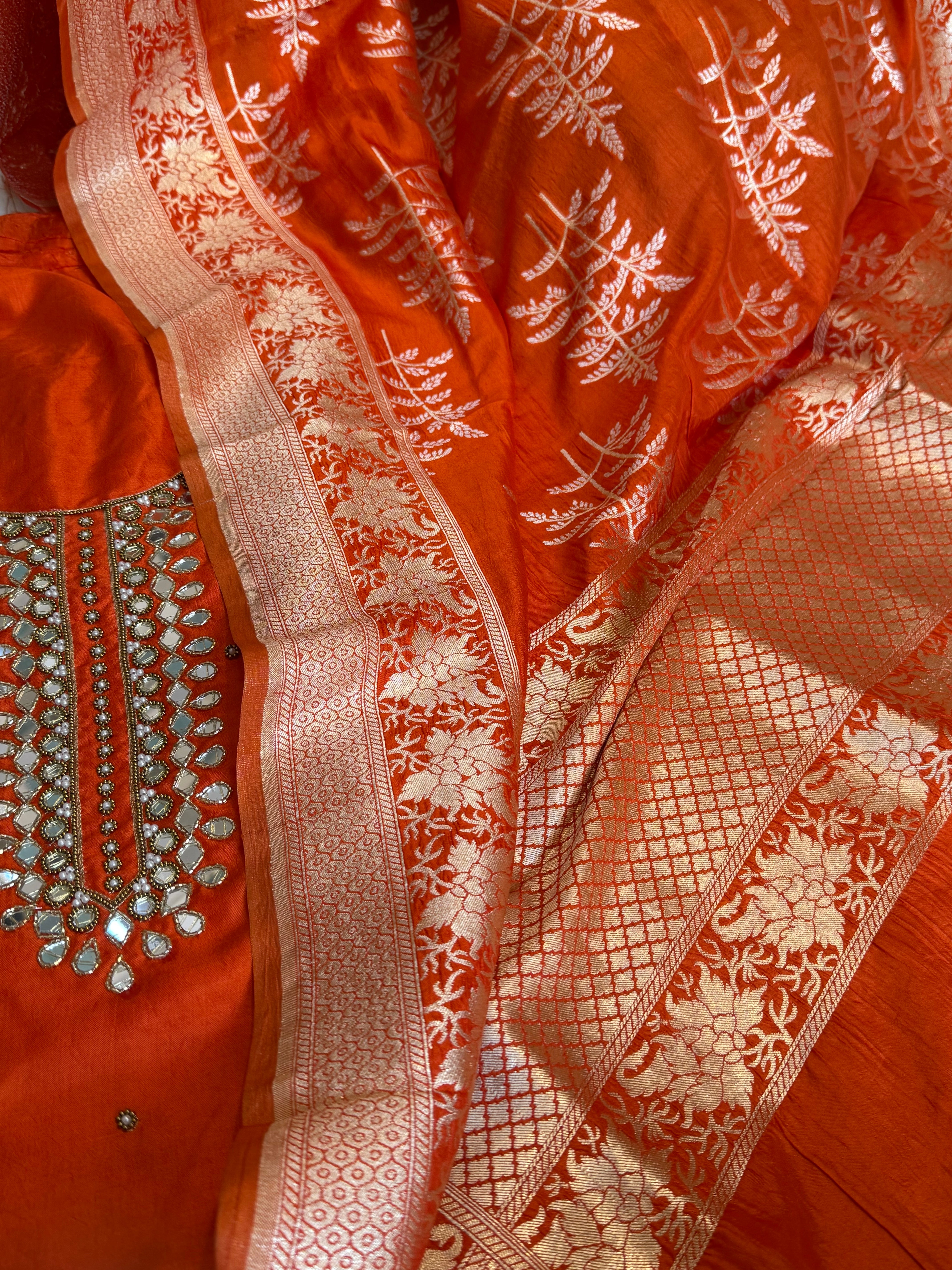 Sheesham fanta orange mirror work hand embroidered katan silk suit set