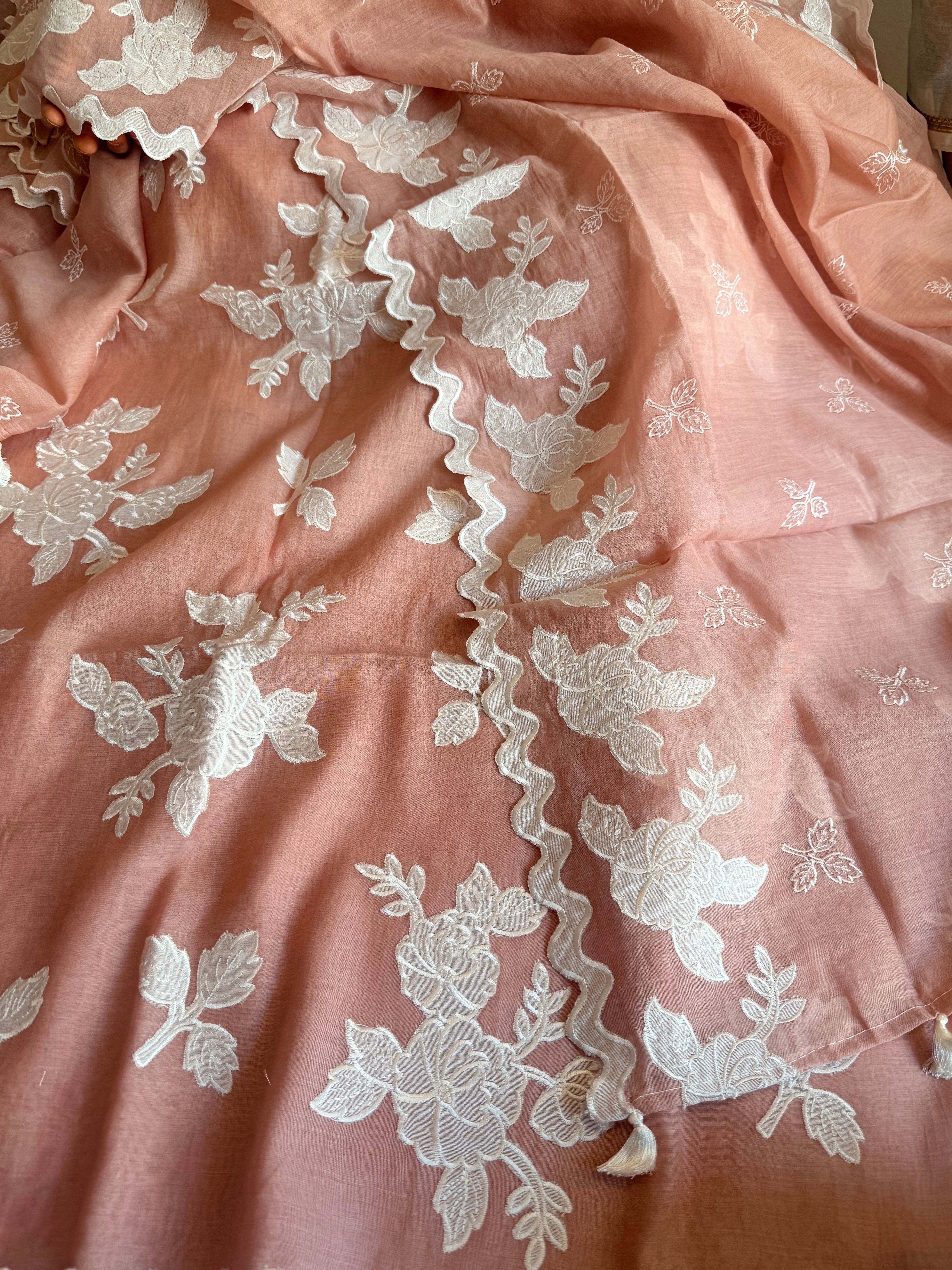 Alia bhatt inspired banarasi mulmul appliqué work suit set