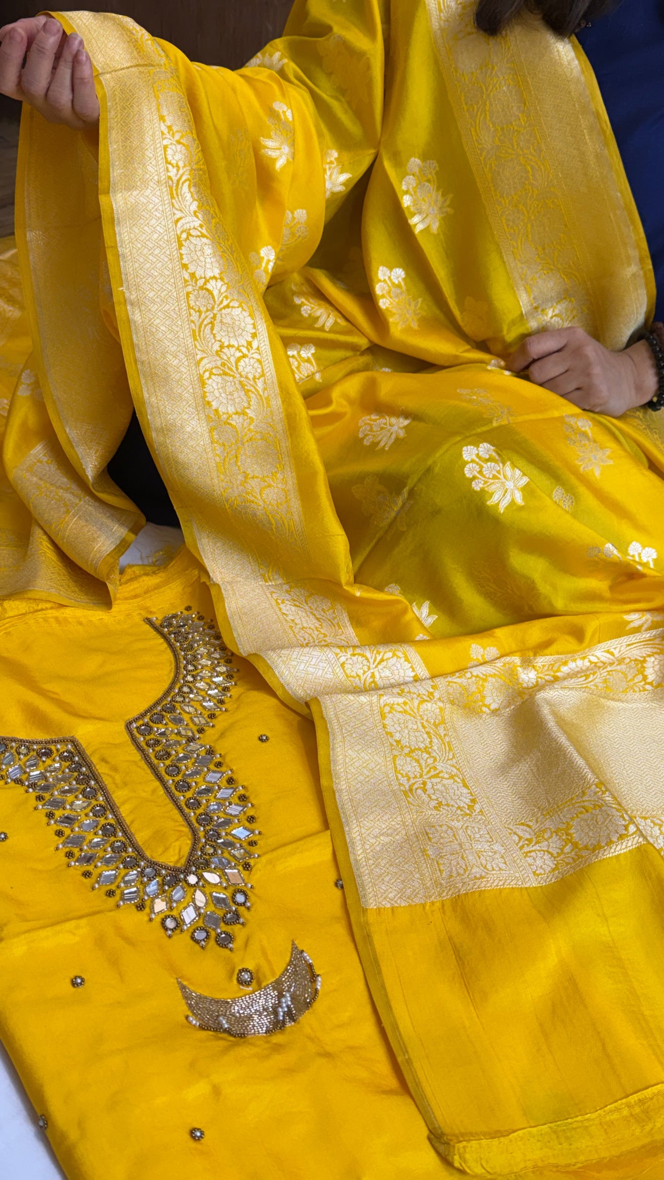 Sheesham haldi yellow mirror work hand embroidered katan silk kadhwa suit set