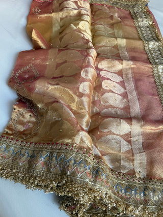 Mughal motif inspired- Kanjivaram blush pink and golden dhup chao effect husn tissue silk hand embroidered saree