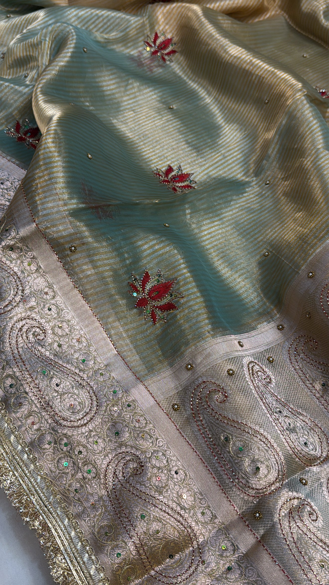 Sea green-moss green ombre shaded tissue silk hand embroidered kadhwa saree