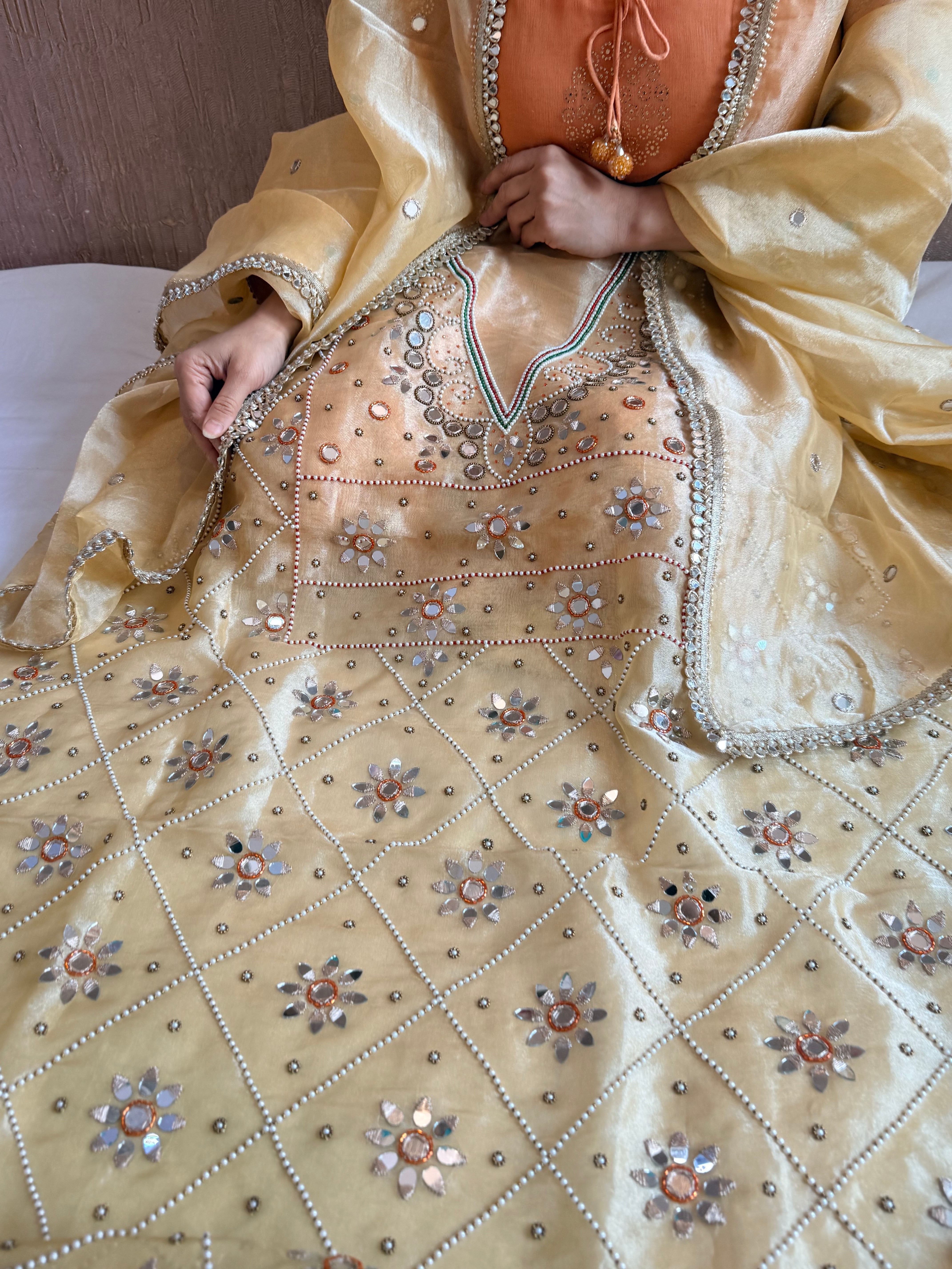 Sheeshmahal suit - Lime yellow tissue silk mirror work hand embroidered suit set