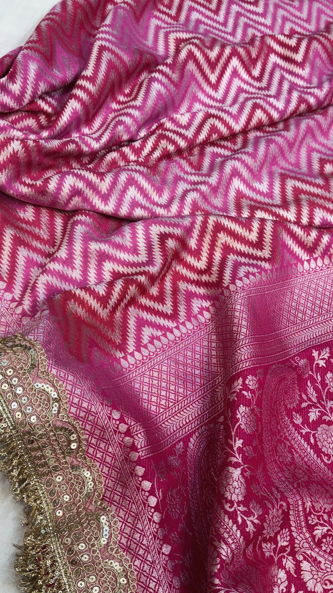 Rangaat dye hot pink moonga silk silver zari chevron weaving kadhwa saree