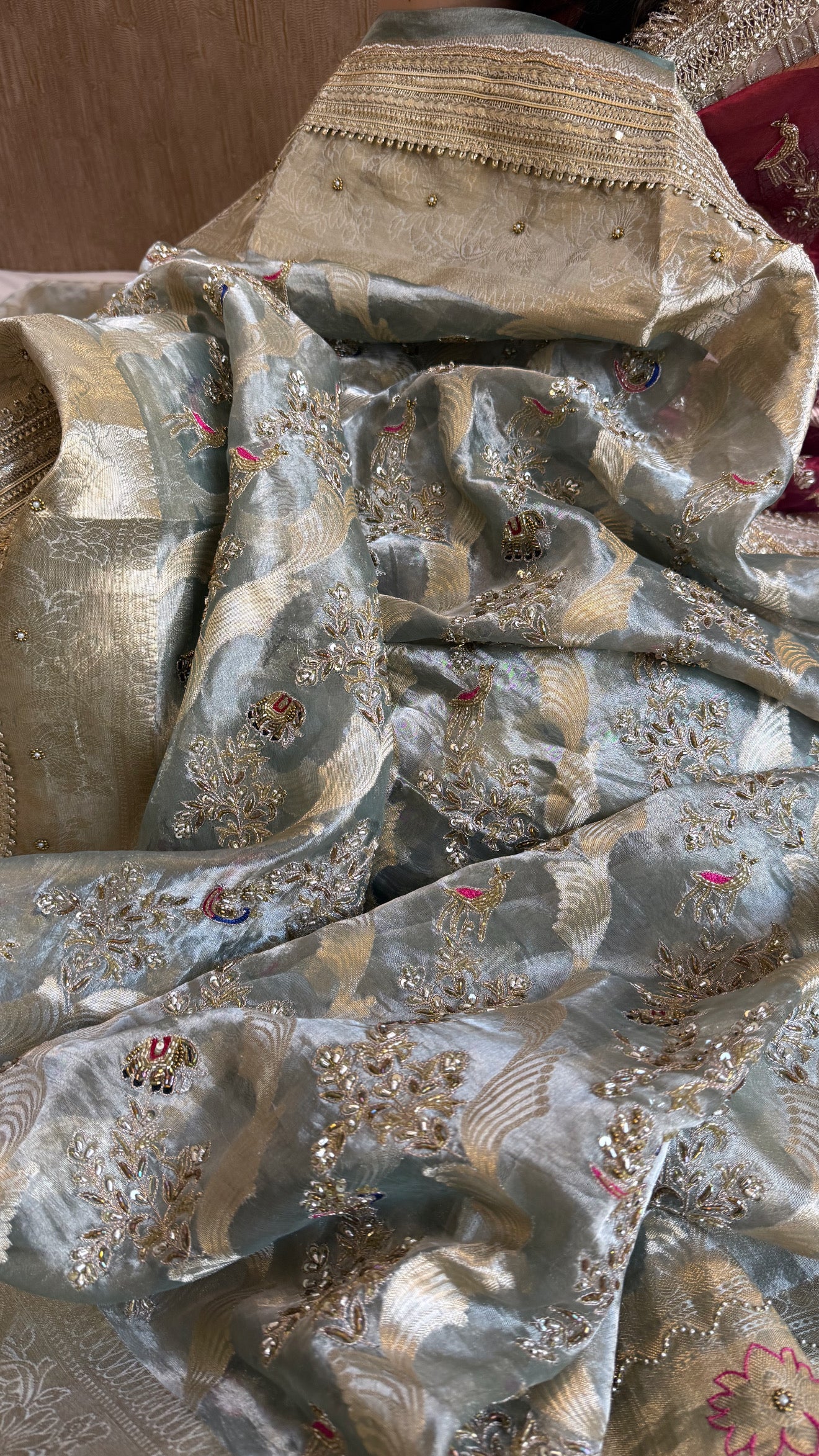 Nayi suhagan edit - Ice blue tissue silk jungla shikargah marodi and zardozi hand embroidered kadhwa saree