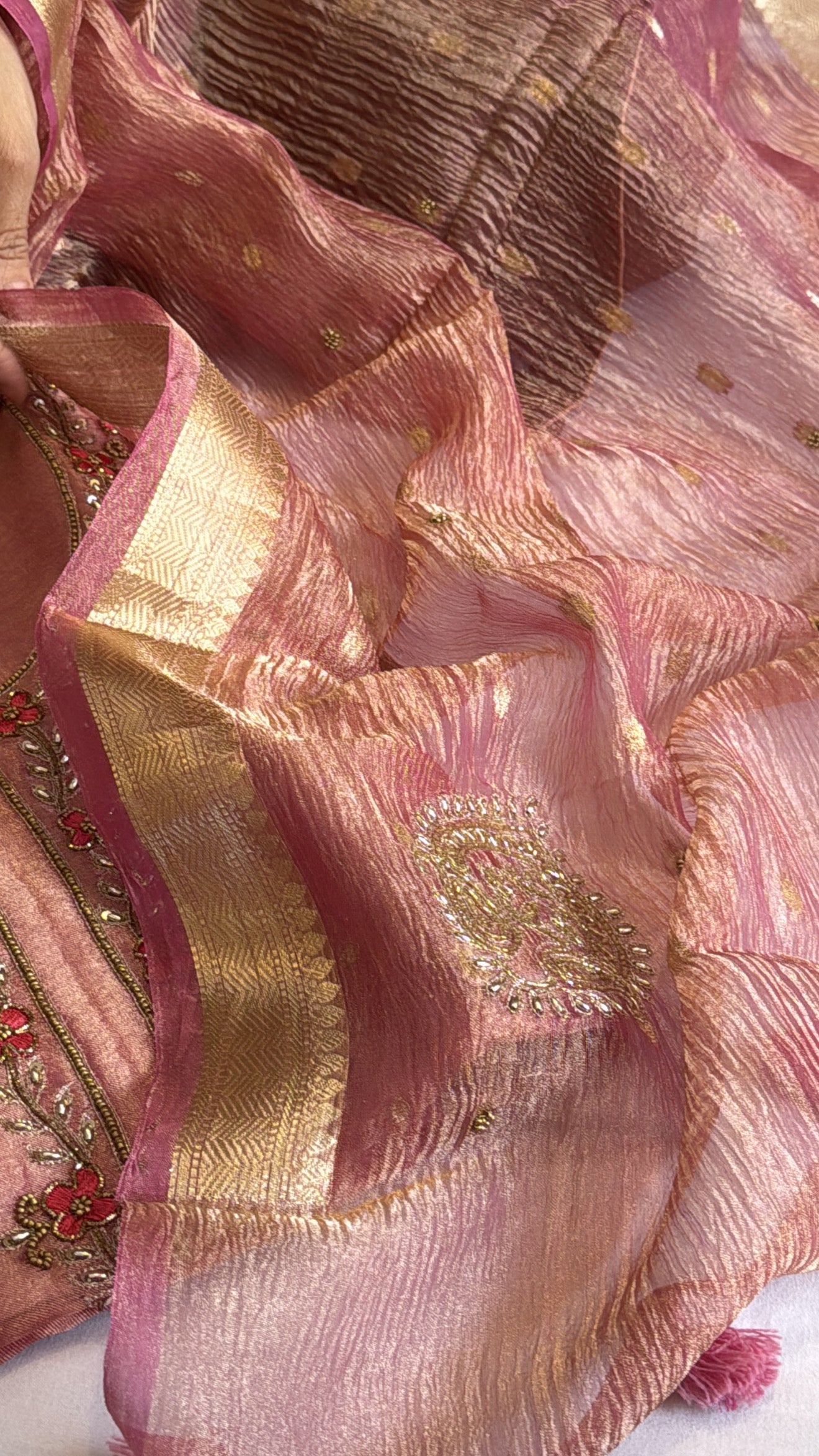 Cherry pink tissue silk hand embroidered kurta paired with crushed tissue silk duppata set
