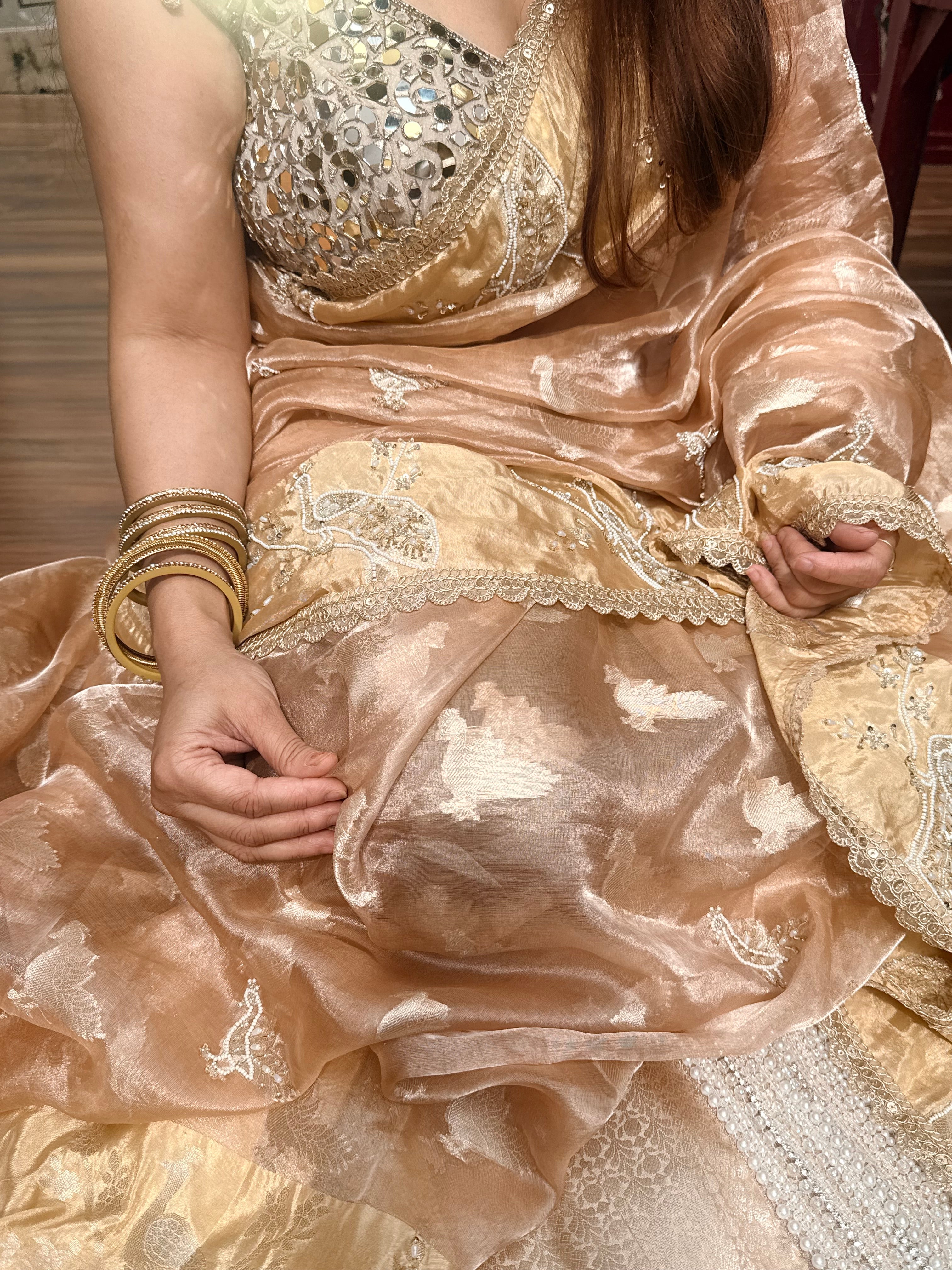 Tyohaar edit - Pearlwork morni hand embroidered tissue silk kadhwa saree