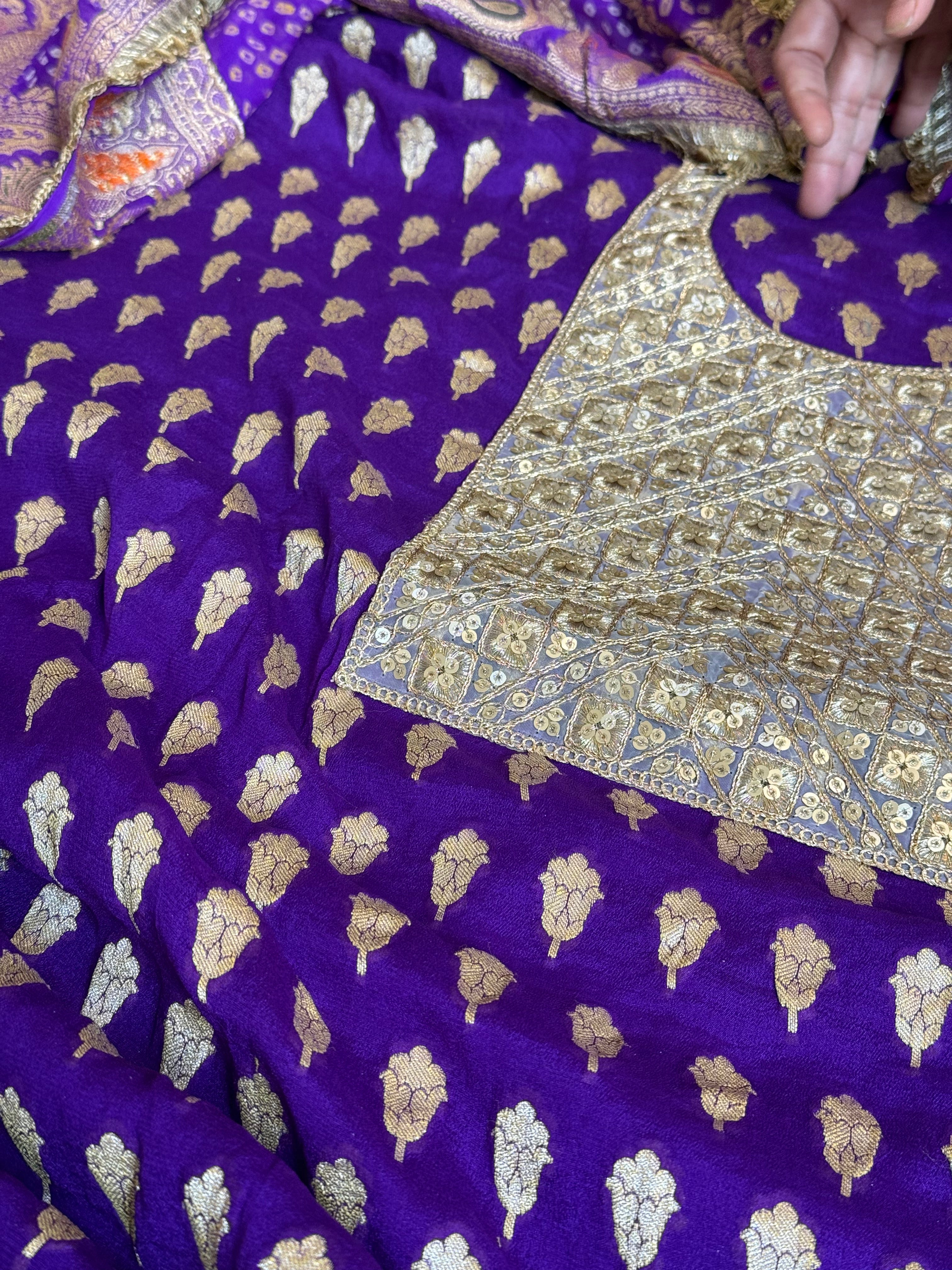 Purple rai bandhej banarasi gorgette kadhwa suit set