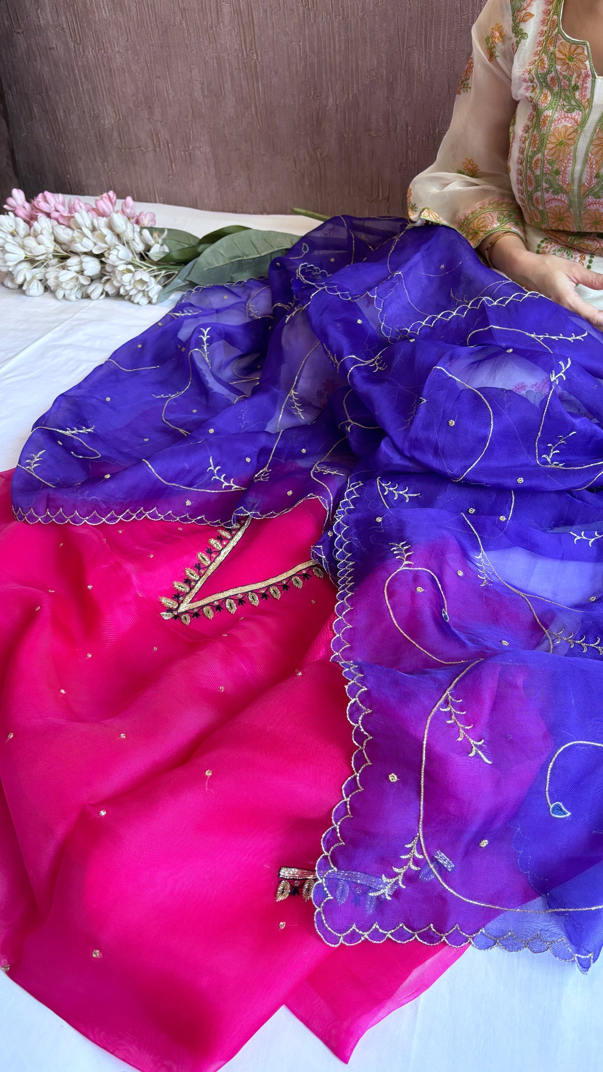 Husn hot pink-purple kora silk hand embroidered suit set