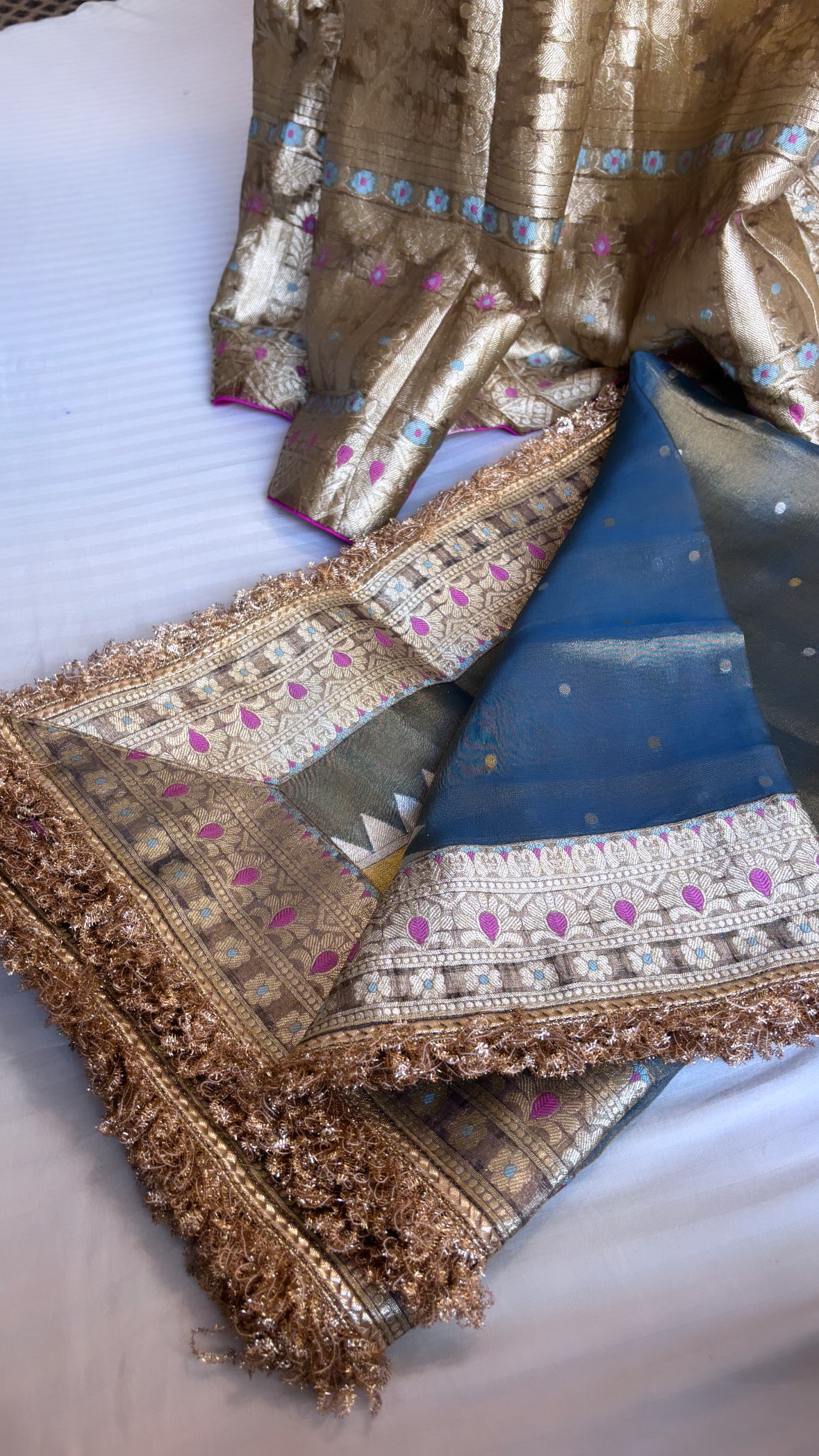 Blueish gold tissue silk kali wale lehenga