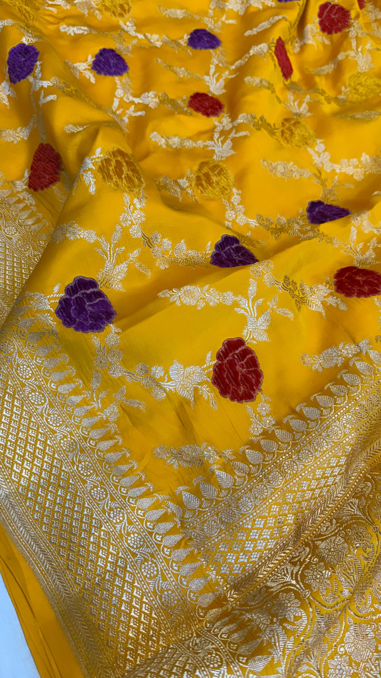 Haldi yellow banarasi mashru silk velvet buti kadhwa weaving saree