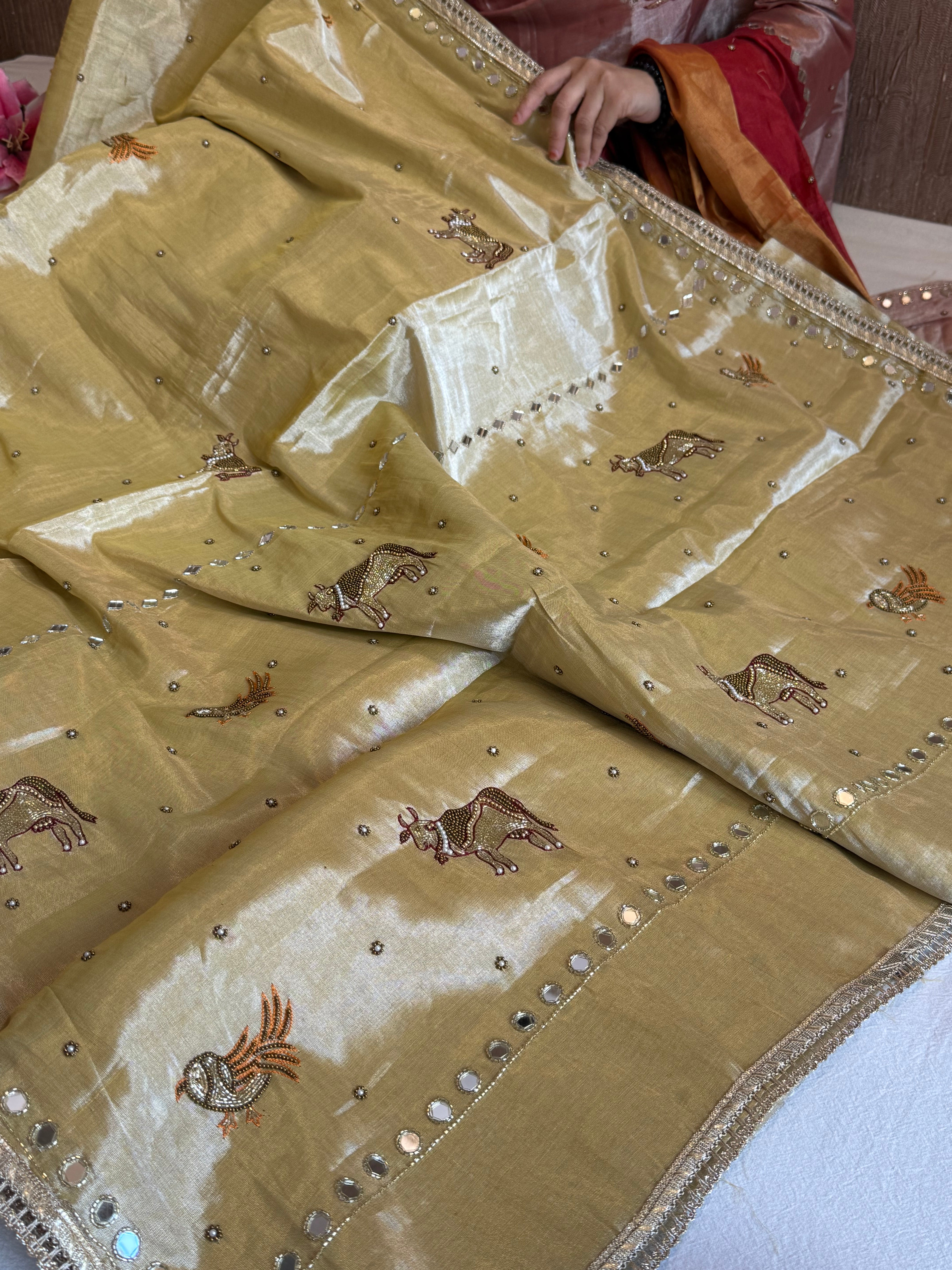 Satin tissue silk ivory gold hand embroidered kadhwa banarasi saree